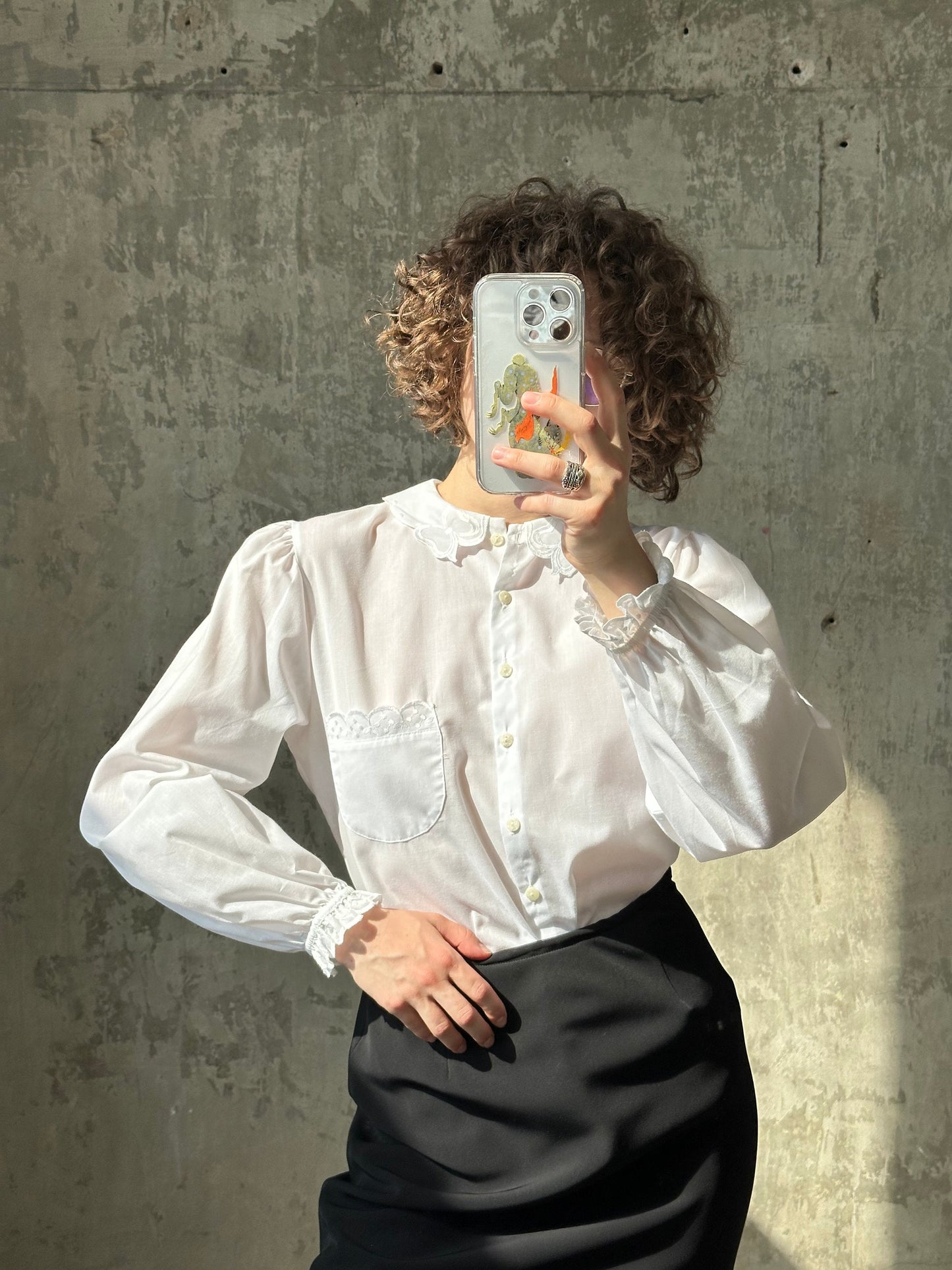 Vintage cotton women blouse in white with collar