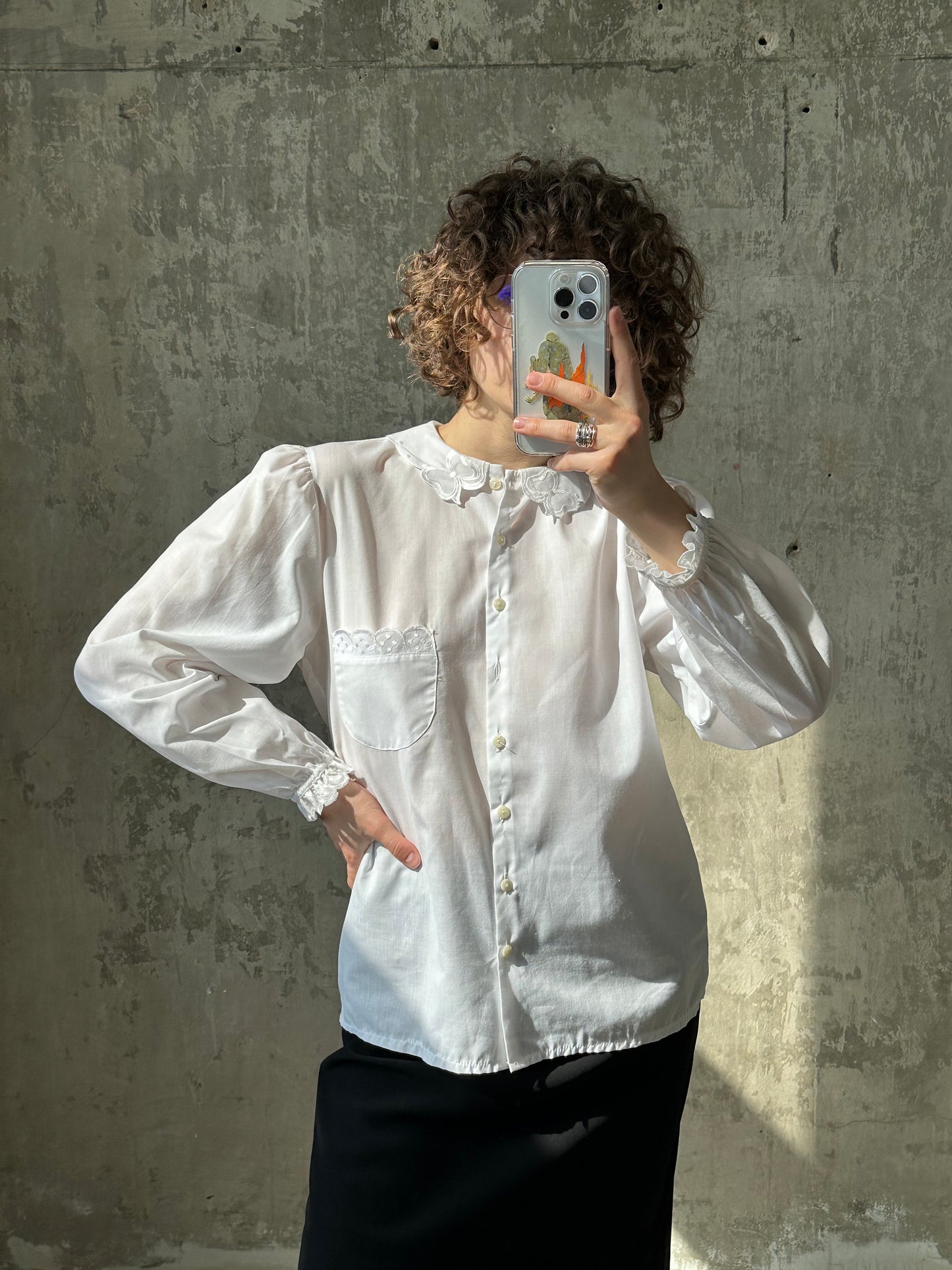 Vintage cotton women blouse in white with collar
