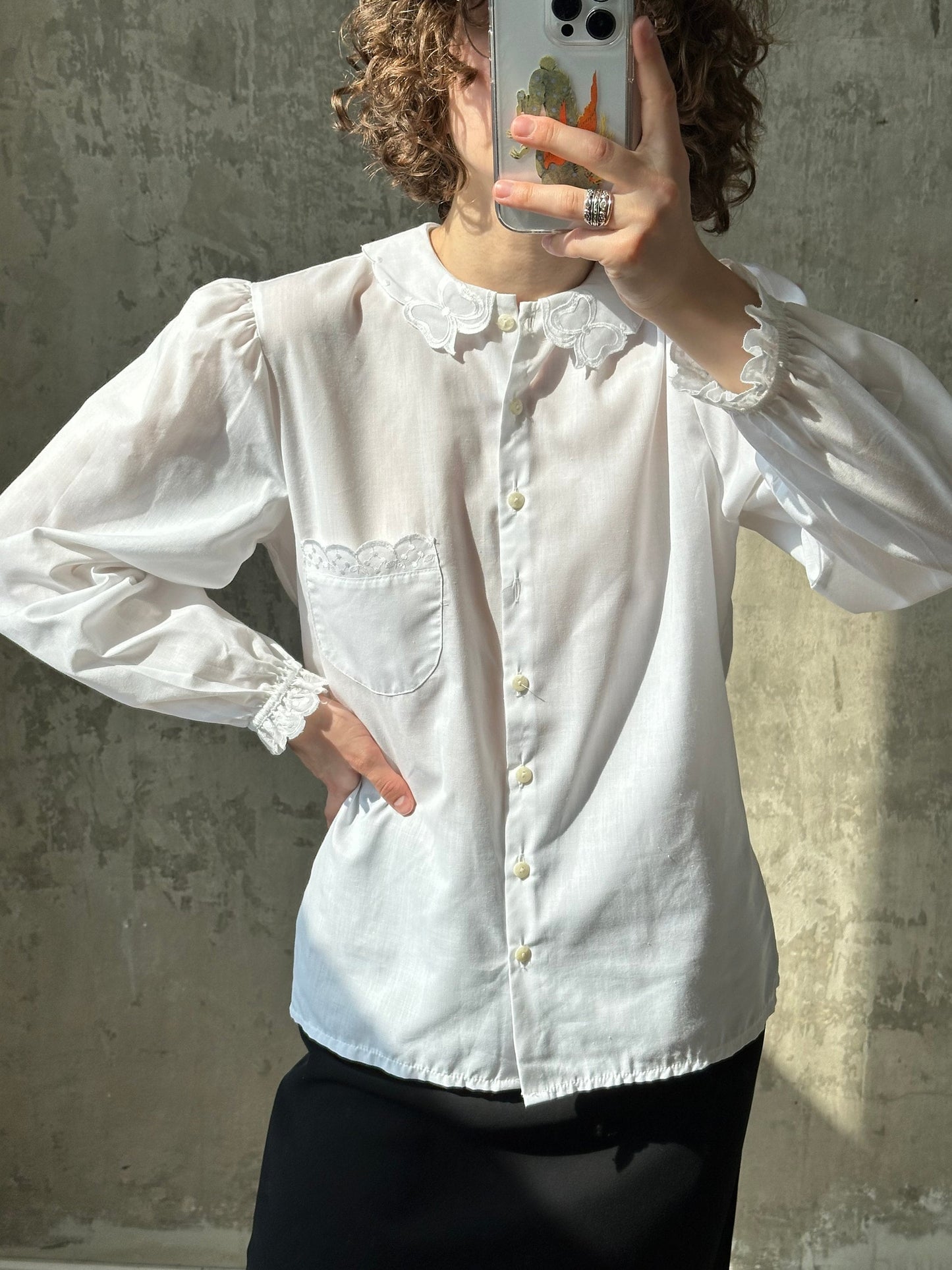 Vintage cotton women blouse in white with collar