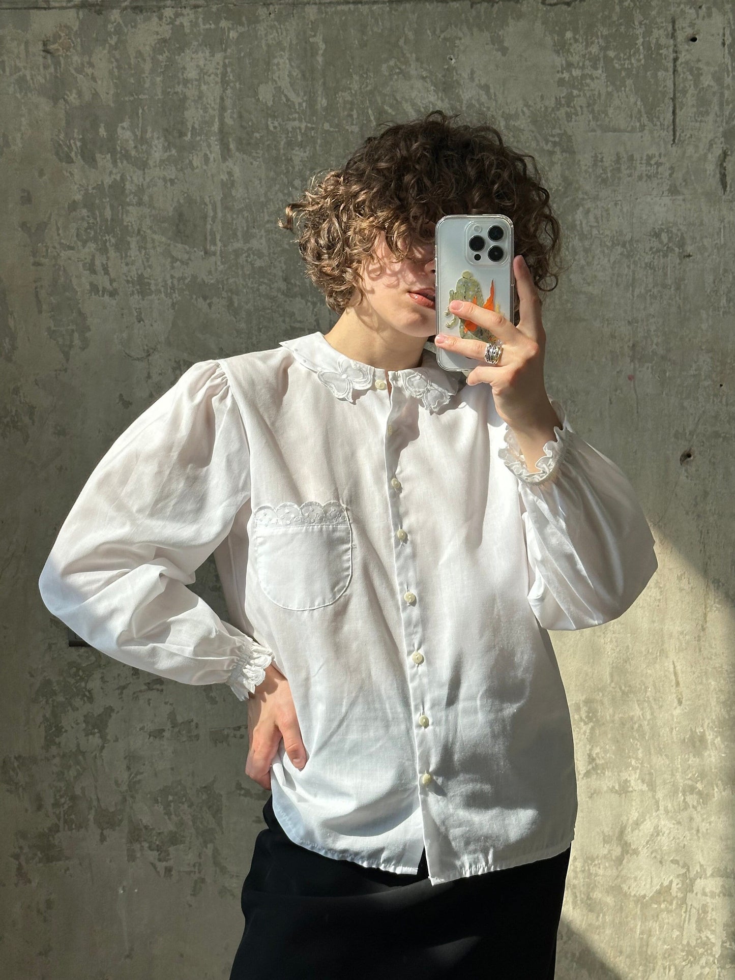 Vintage cotton women blouse in white with collar
