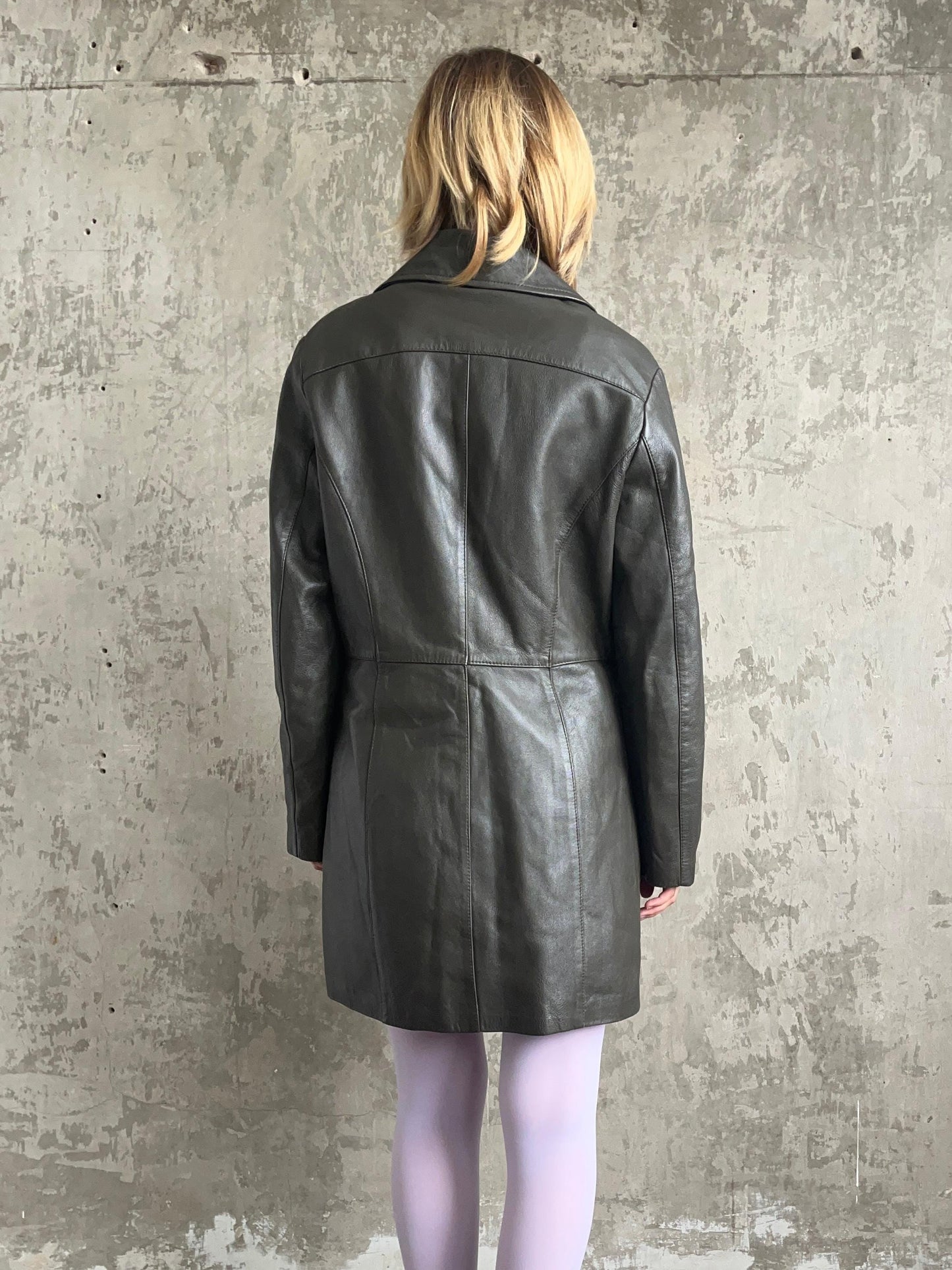Vintage 90s leather coat in dark khaki green