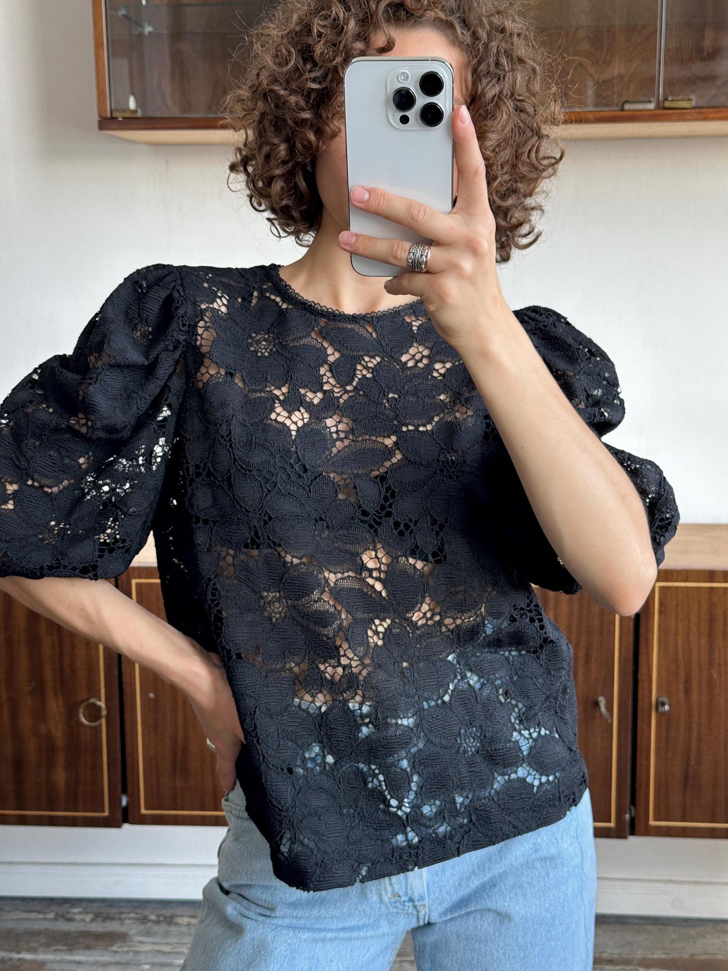 Vintage 80s women black lace blouse, sheer button-down blouse, transparent top