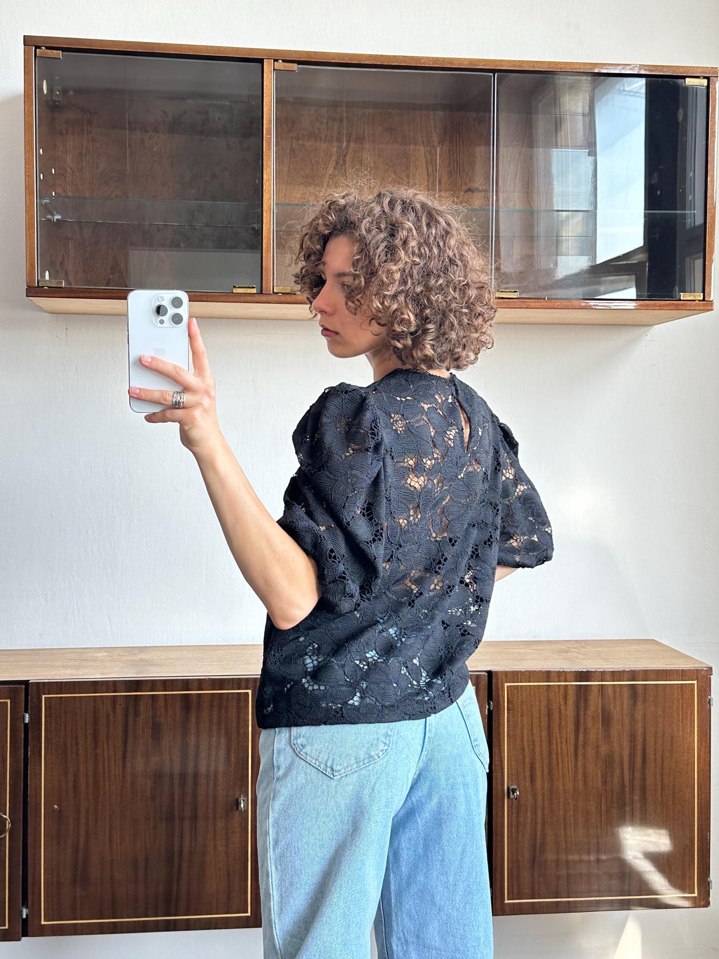 Vintage 80s women black lace blouse, sheer button-down blouse, transparent top