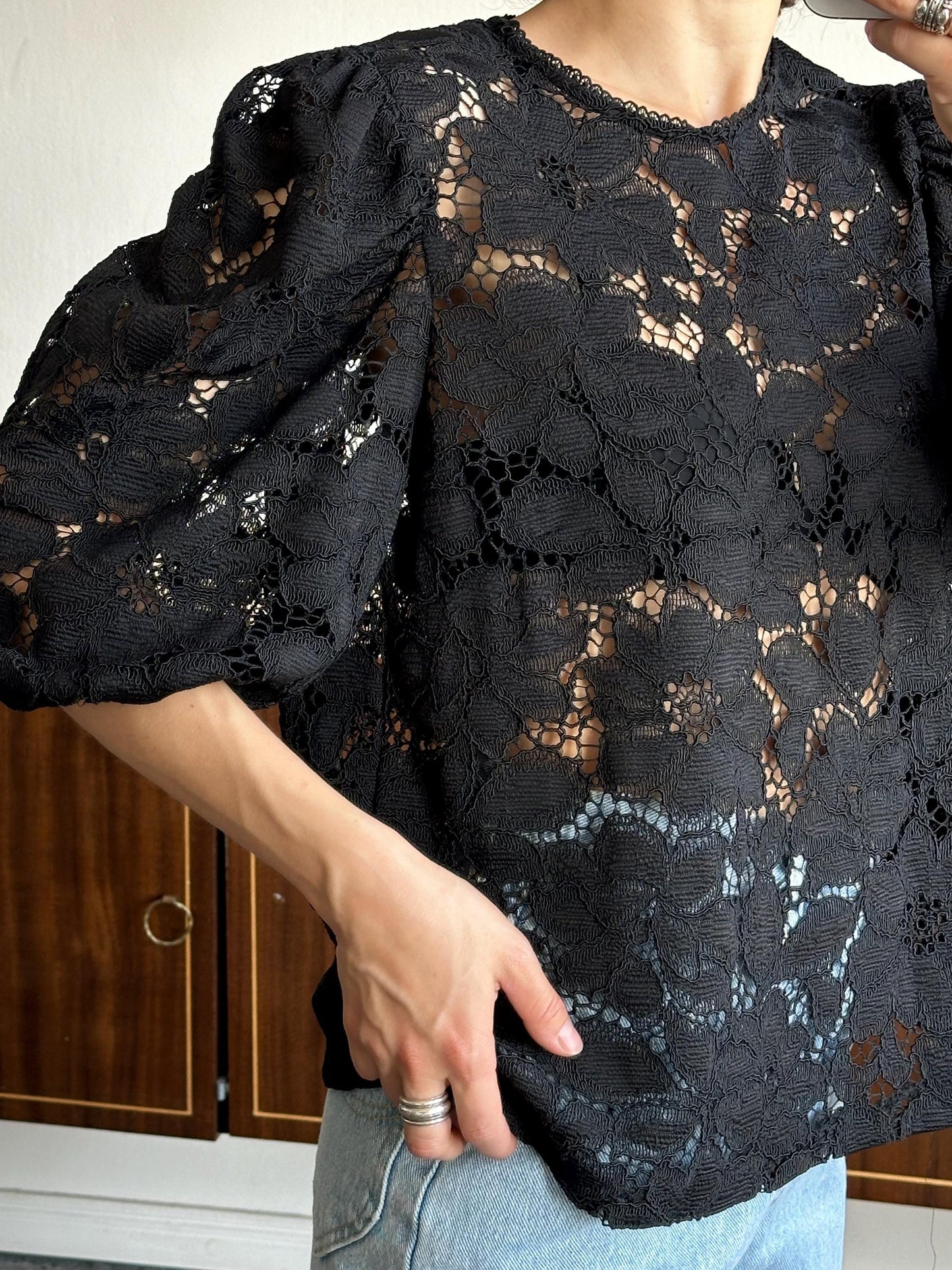 Vintage 80s women black lace blouse, sheer button-down blouse, transparent top