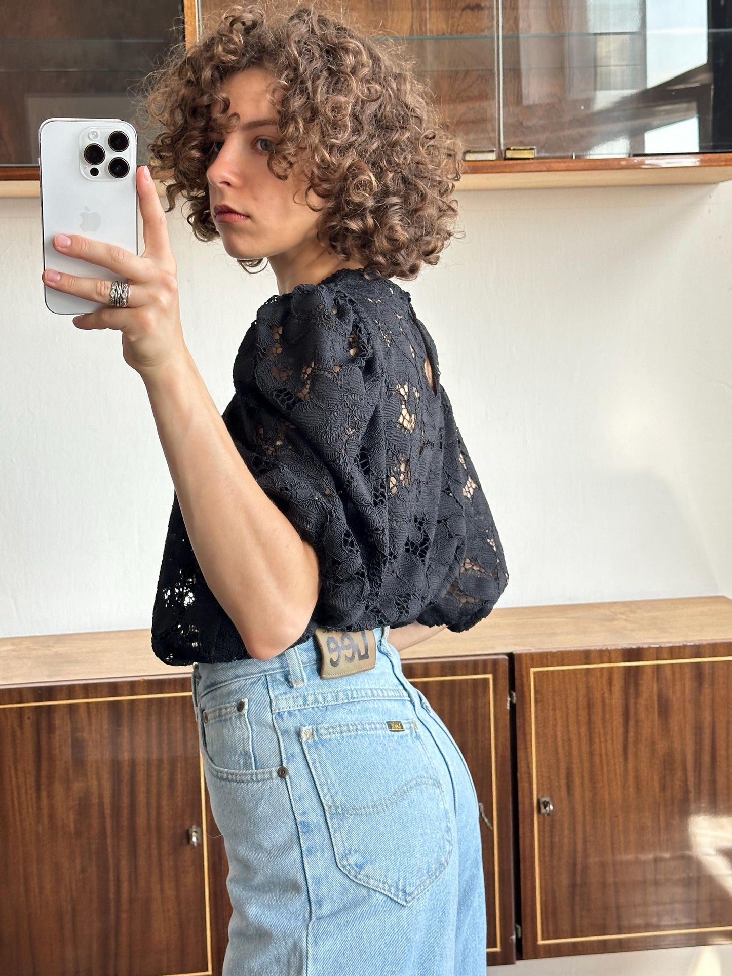 Vintage 80s women black lace blouse, sheer button-down blouse, transparent top