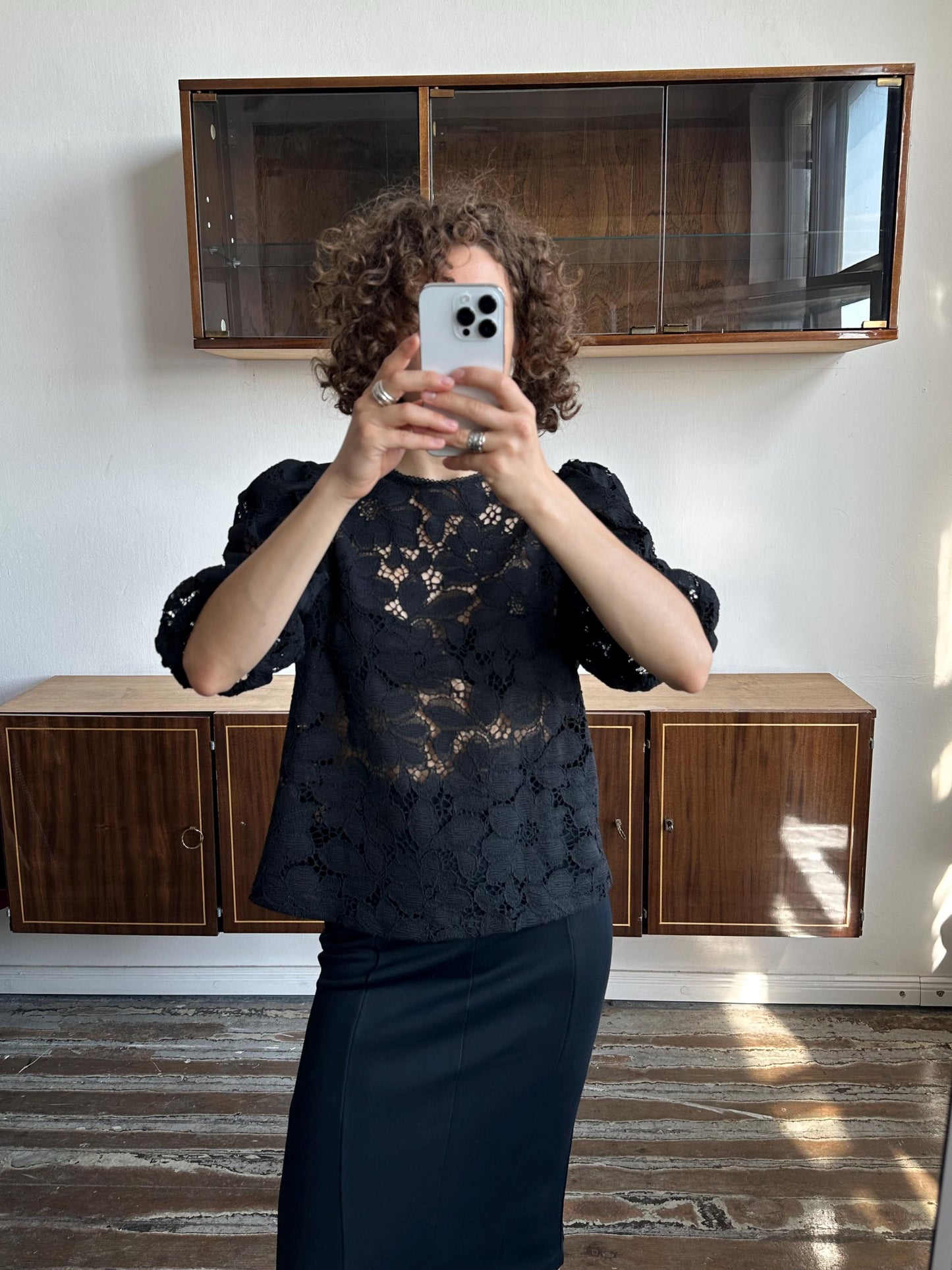 Vintage 80s women black lace blouse, sheer button-down blouse, transparent top