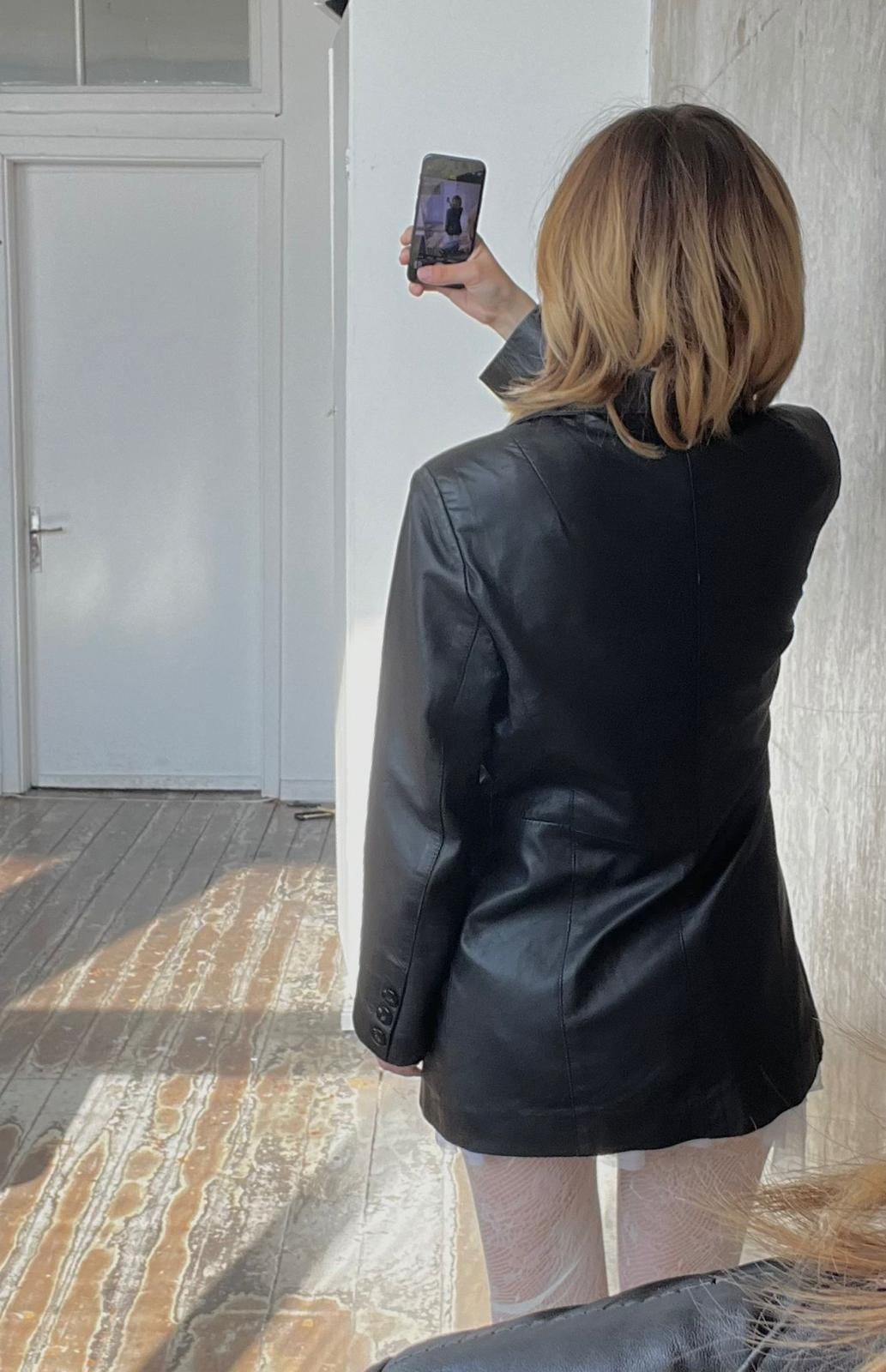 Vintage 90s leather button-down blazer jacket in black