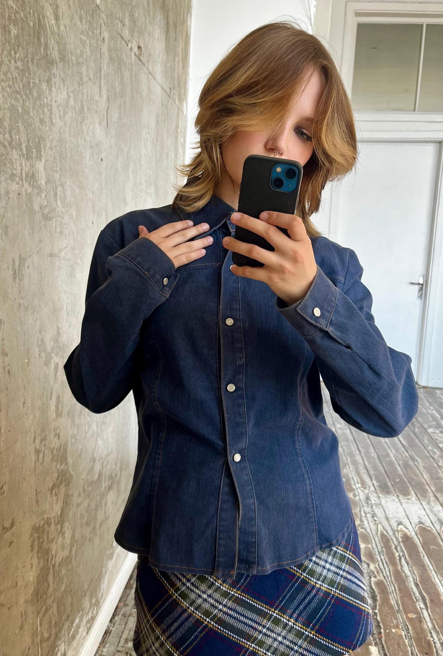 Vintage denim long sleeved blouse in blue