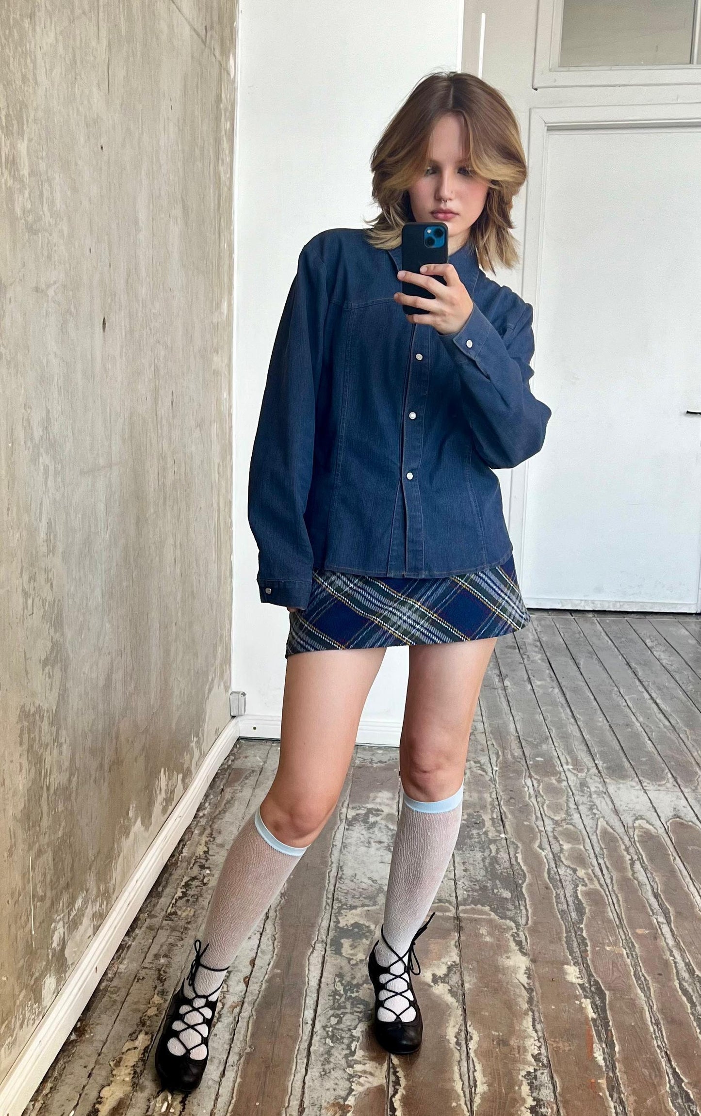 Vintage denim long sleeved blouse in blue