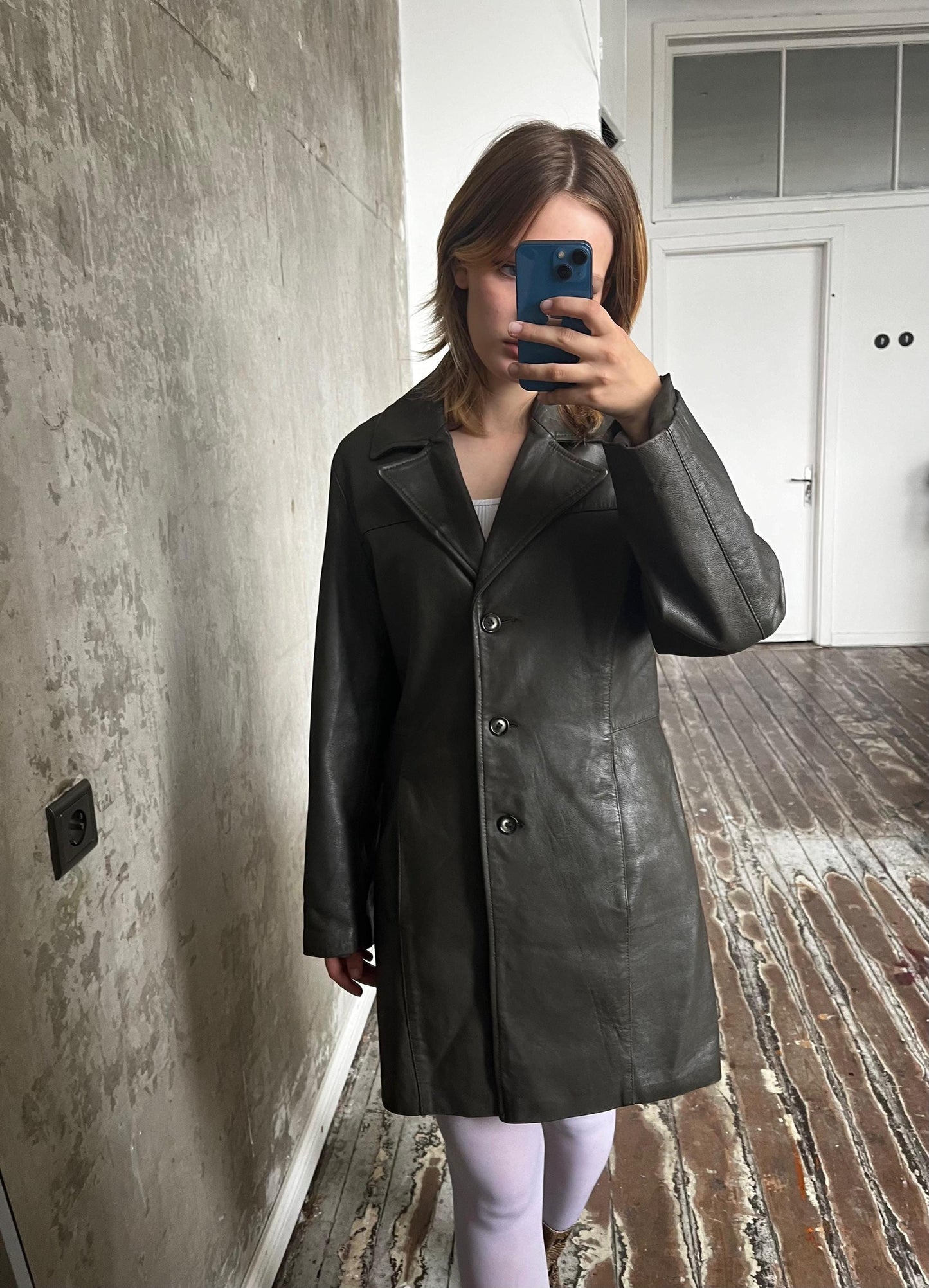 Vintage 90s leather coat in dark khaki green