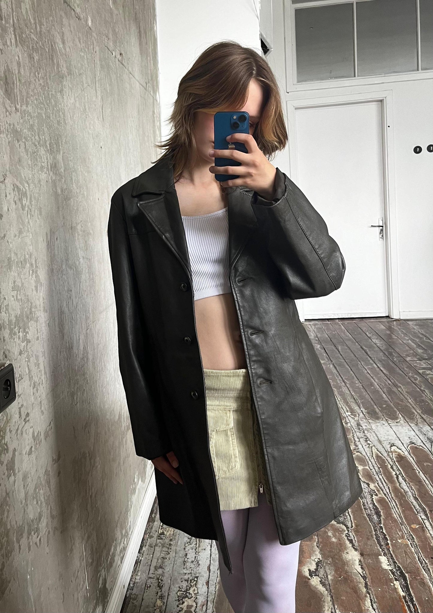 Vintage 90s leather coat in dark khaki green