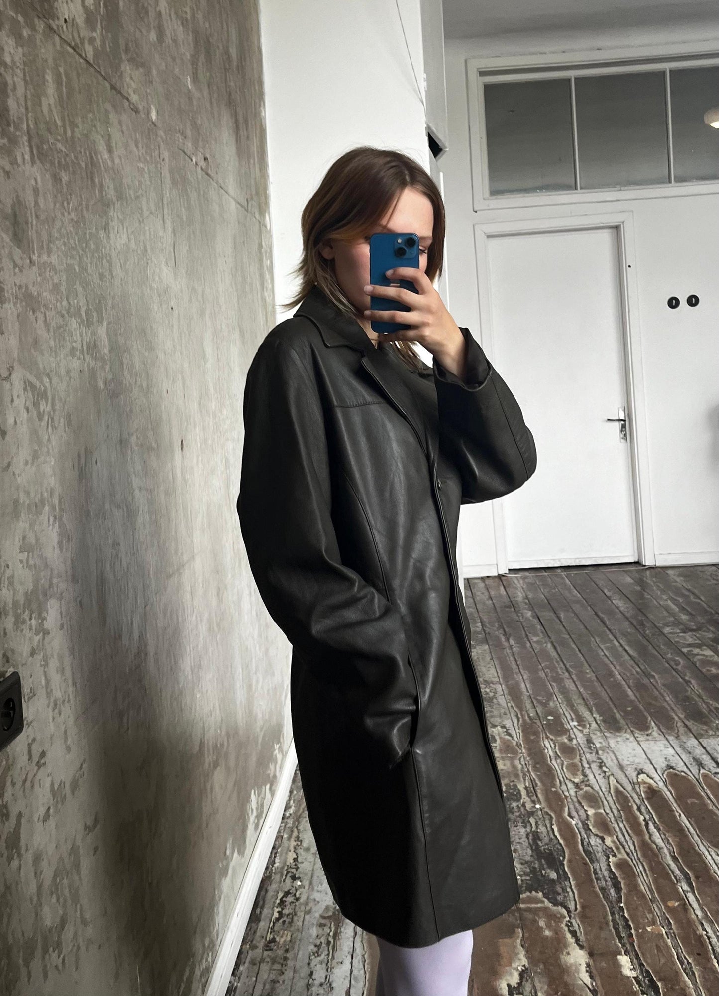 Vintage 90s leather coat in dark khaki green