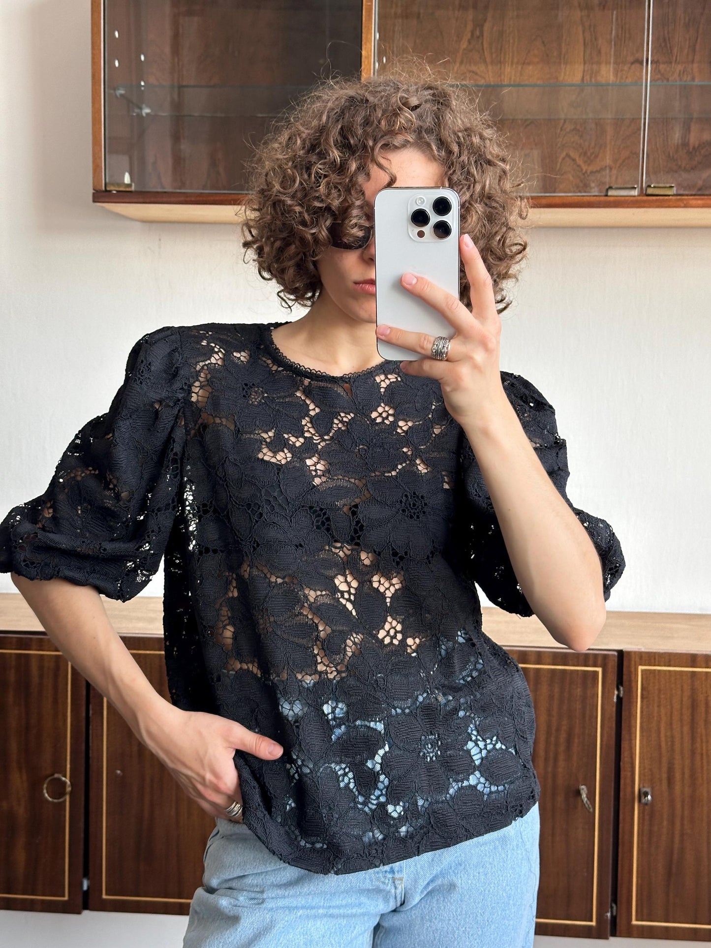 Vintage 80s women black lace blouse, sheer button-down blouse, transparent top