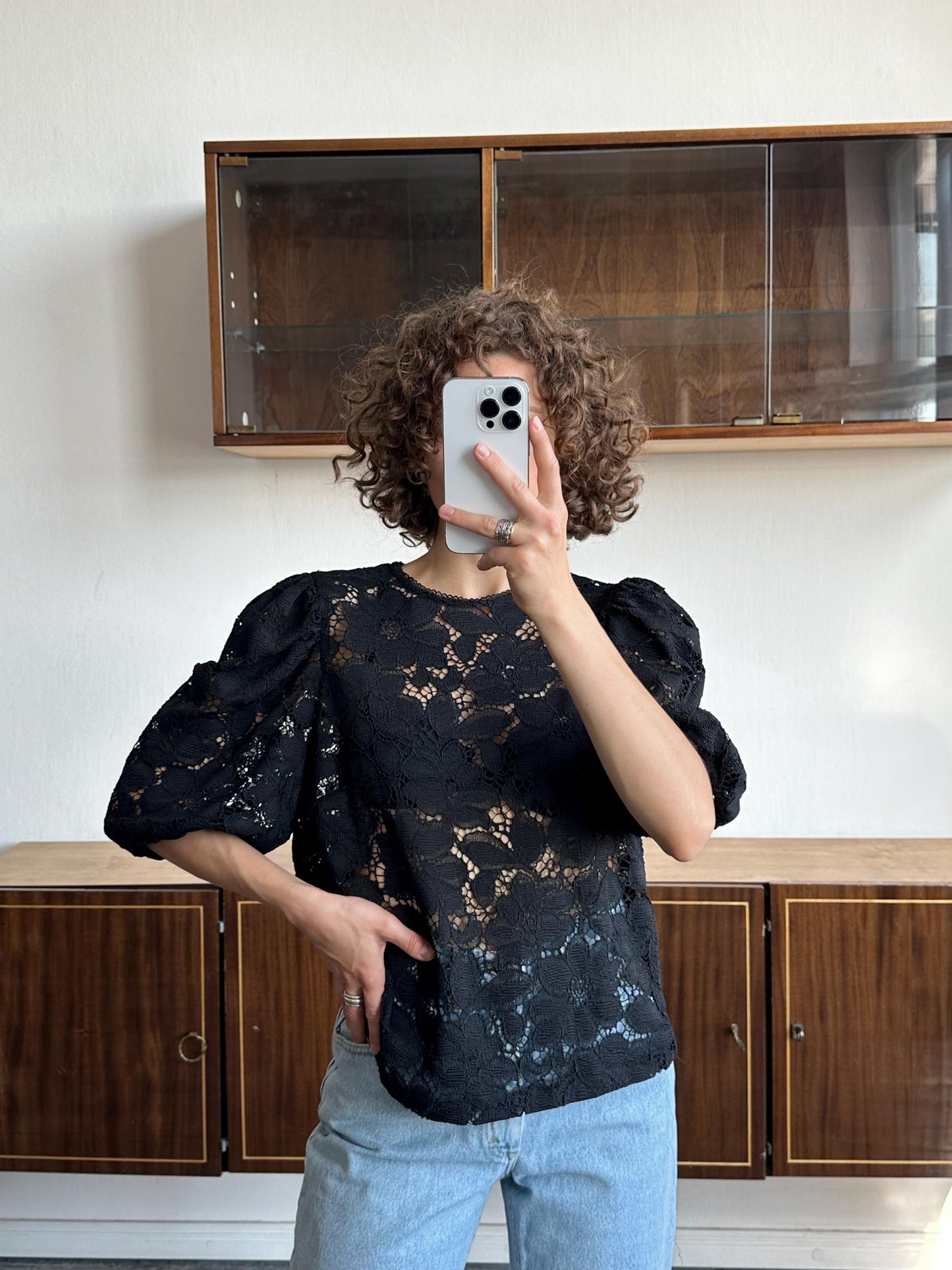 Vintage 80s women black lace blouse, sheer button-down blouse, transparent top