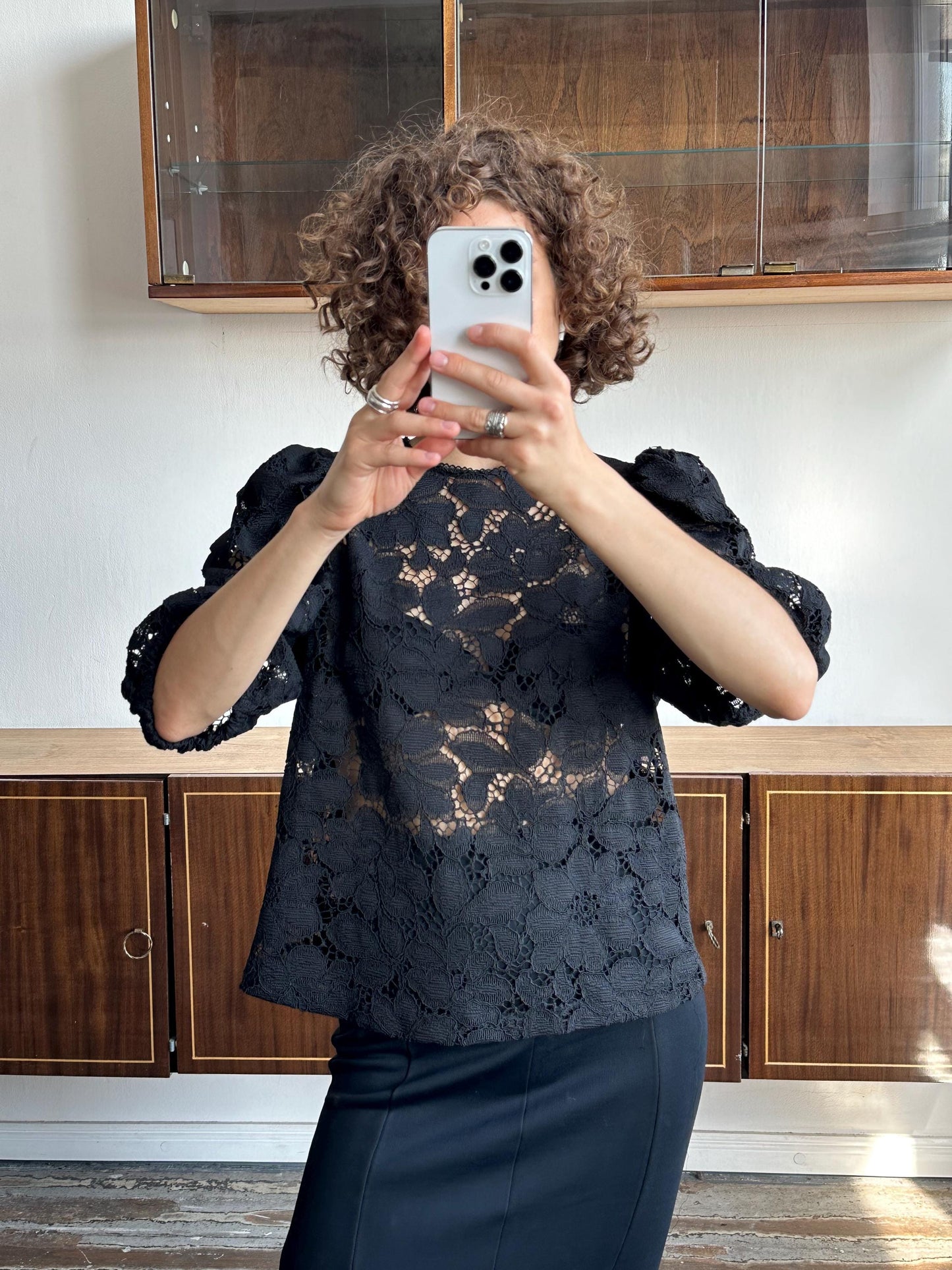 Vintage 80s women black lace blouse, sheer button-down blouse, transparent top