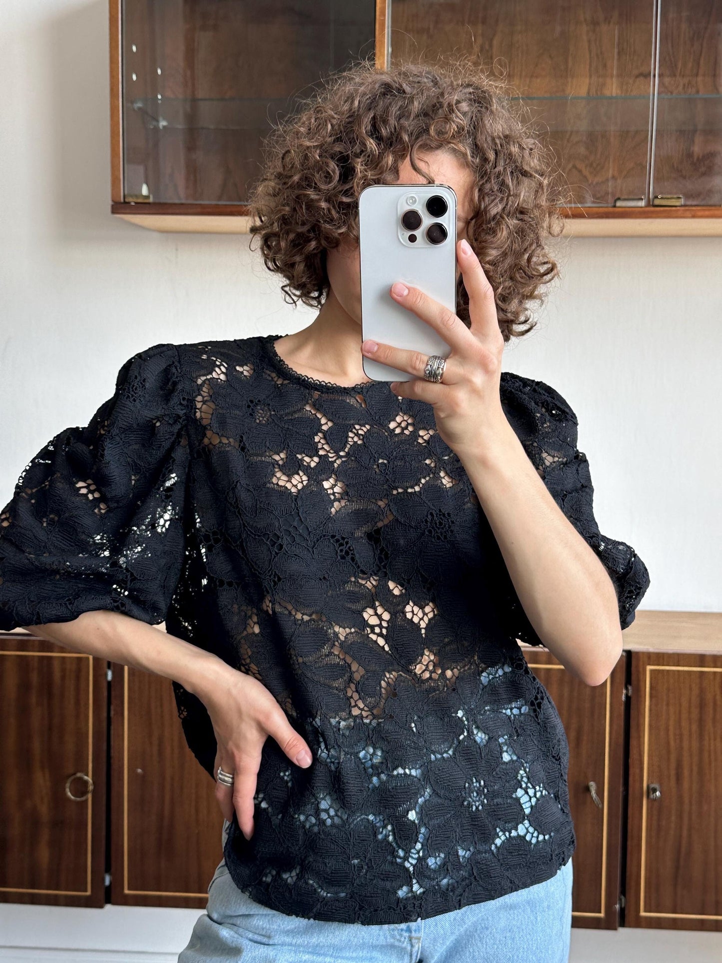 Vintage 80s women black lace blouse, sheer button-down blouse, transparent top
