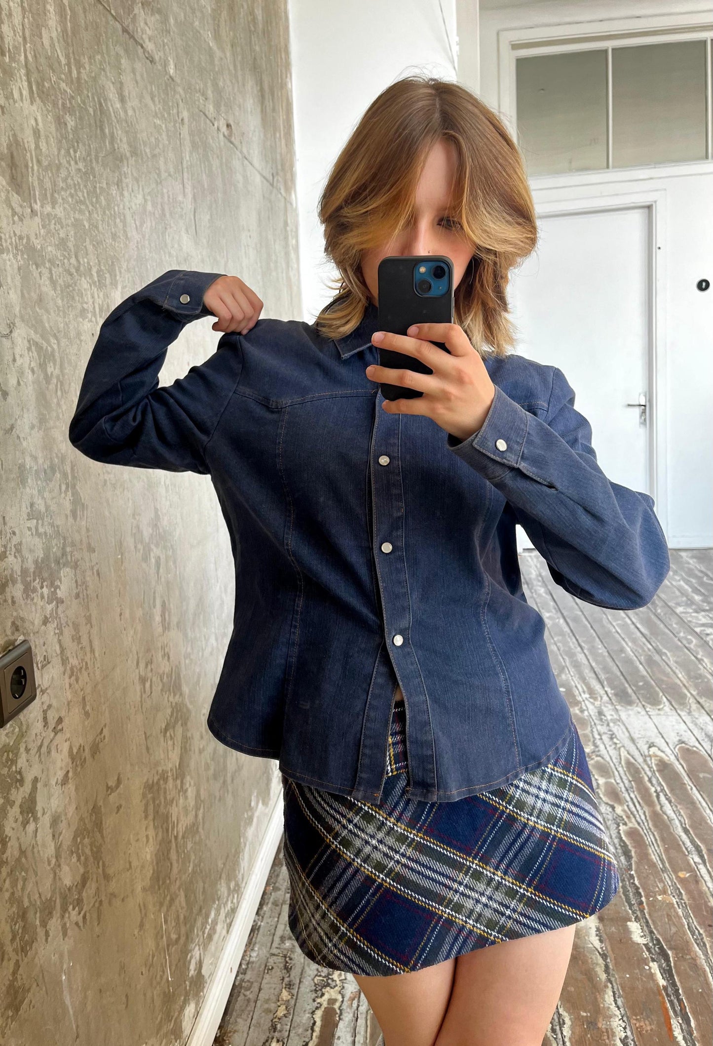 Vintage denim long sleeved blouse in blue