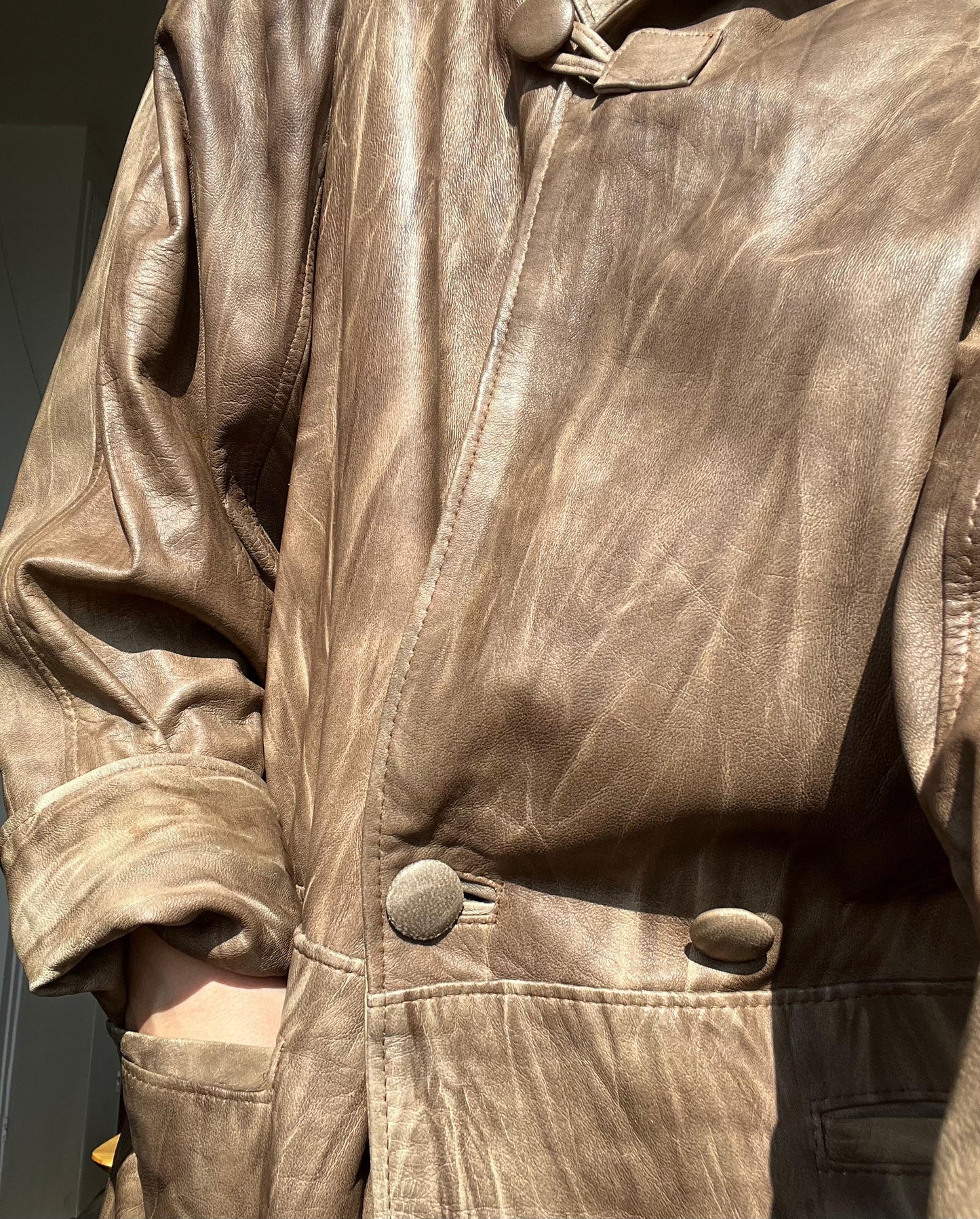 Vintage leather padded shoulder coat in washed out brown