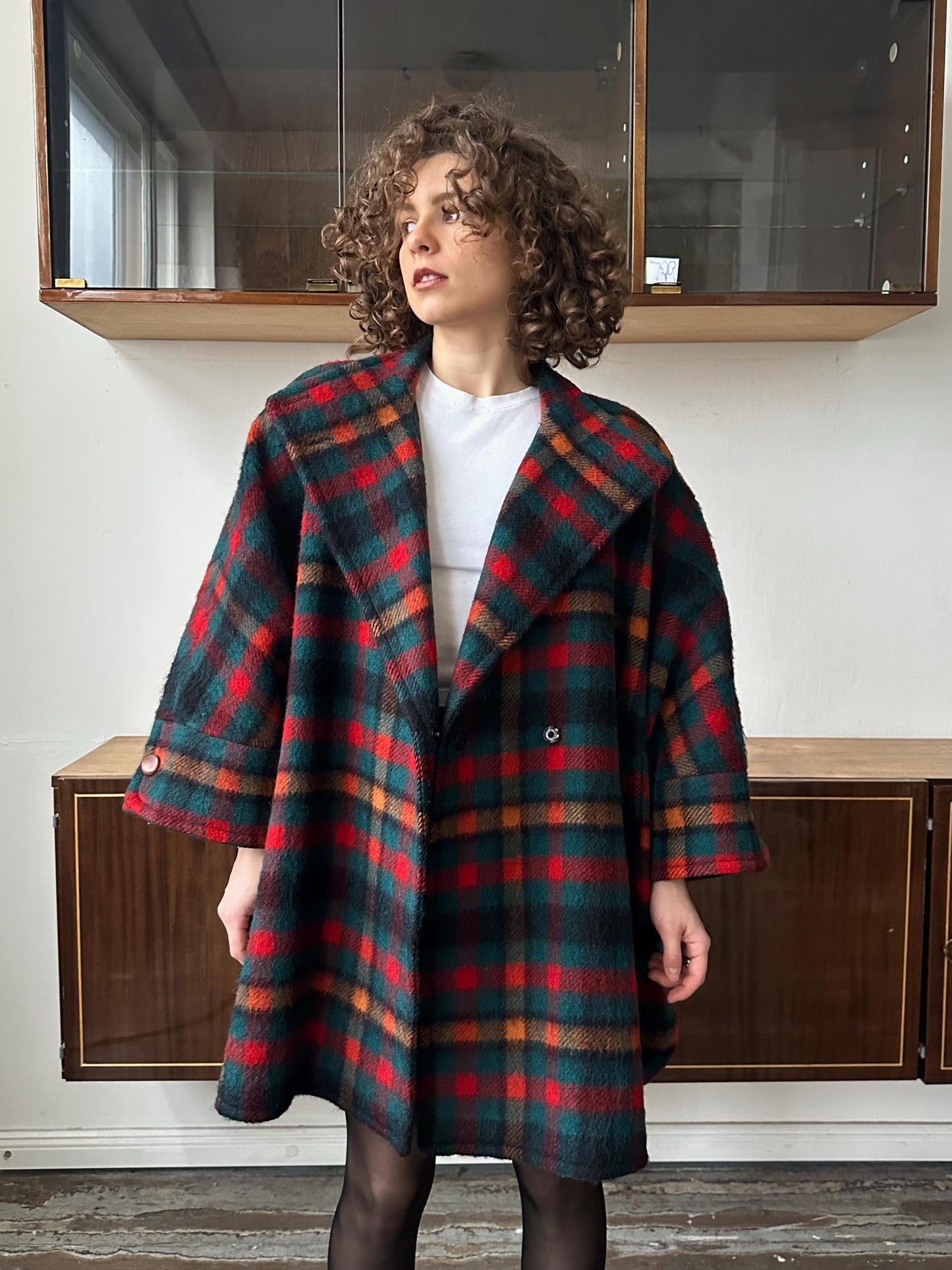 Vintage checked wool coat in red, short wool cape
