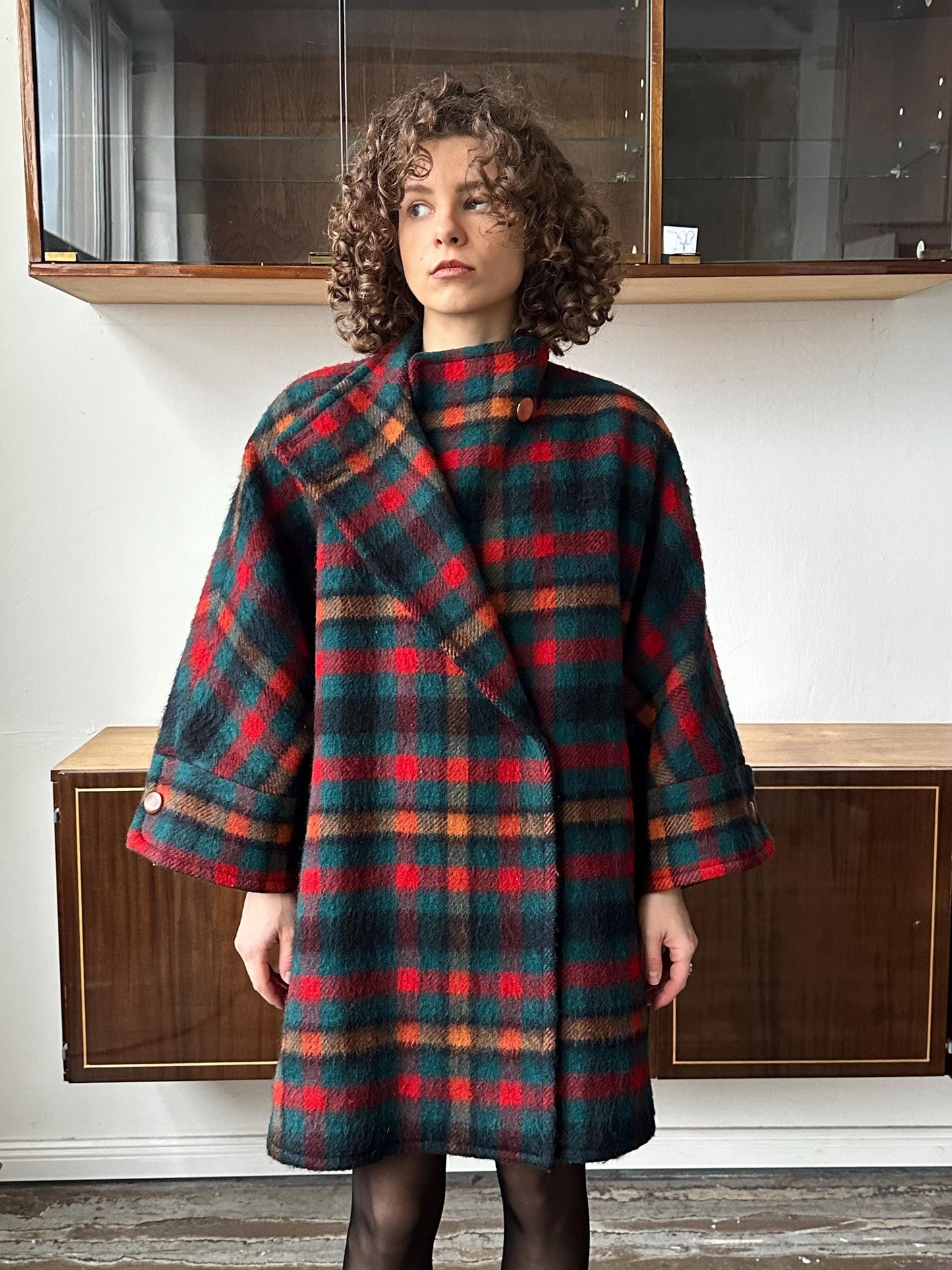 Vintage checked wool coat in red, short wool cape