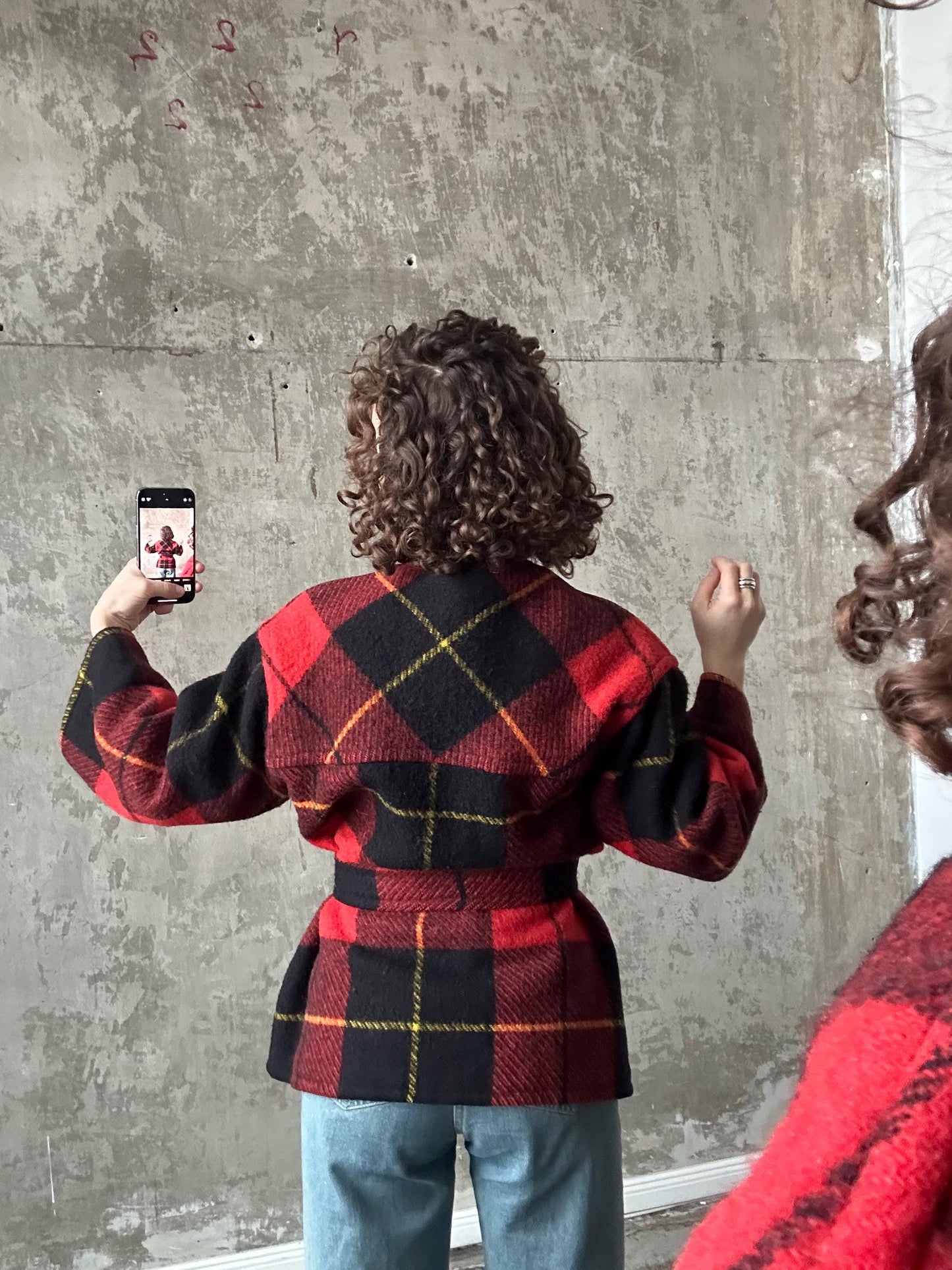 Vintage checked wool coat in red, short wool overcoat