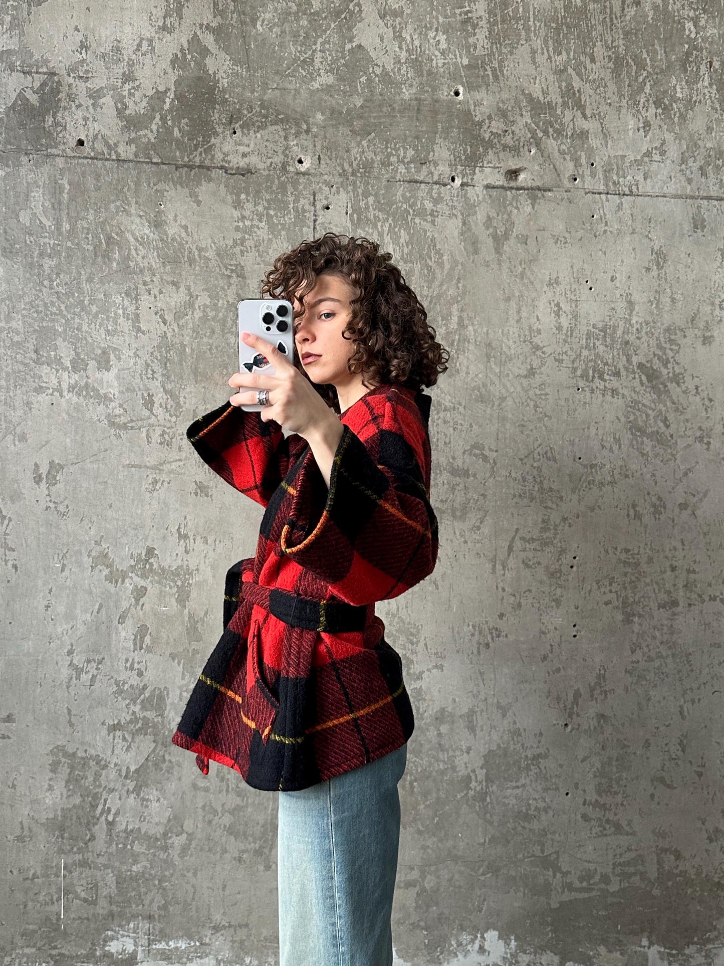 Vintage checked wool coat in red, short wool overcoat