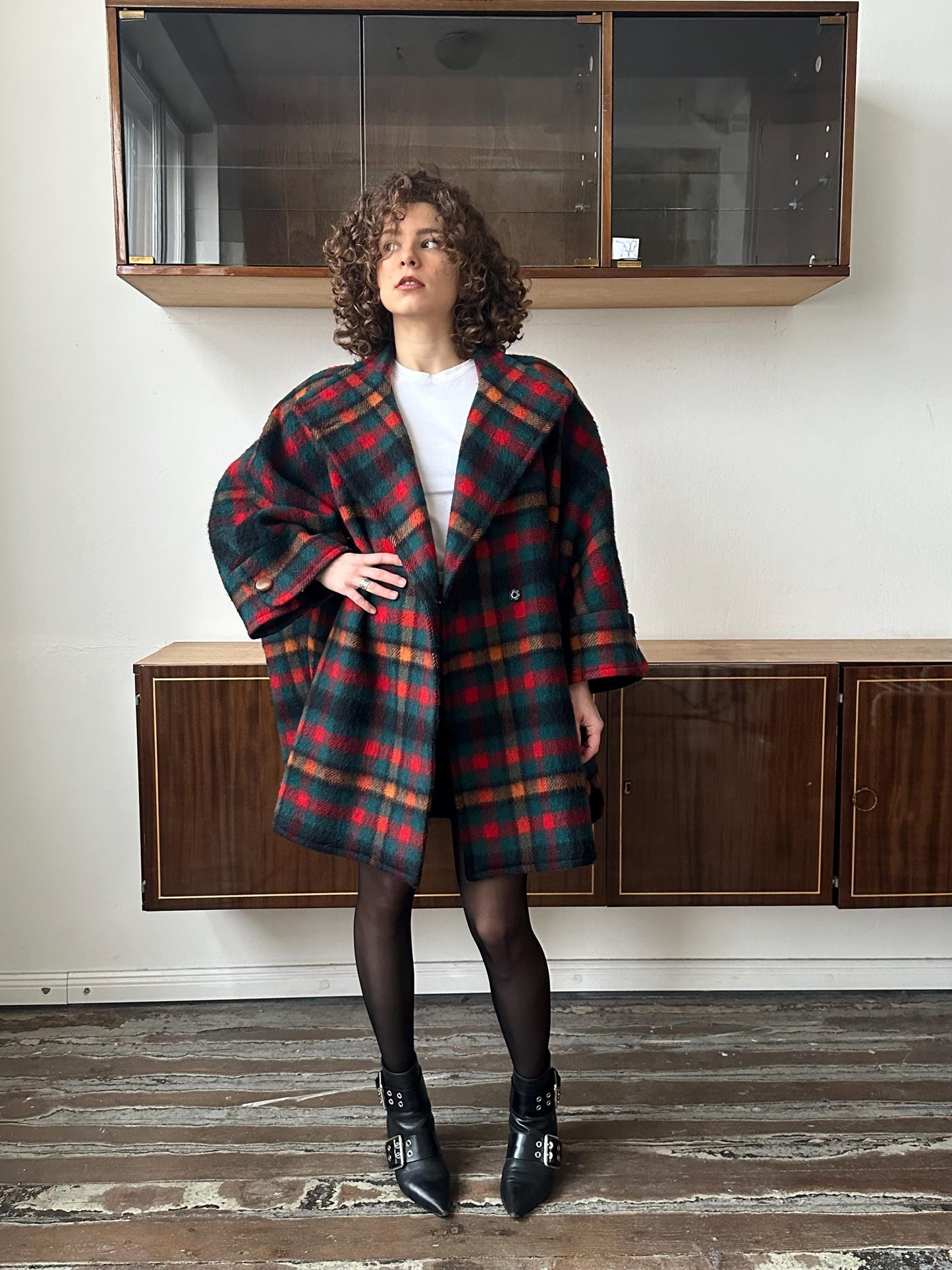 Vintage checked wool coat in red, short wool cape