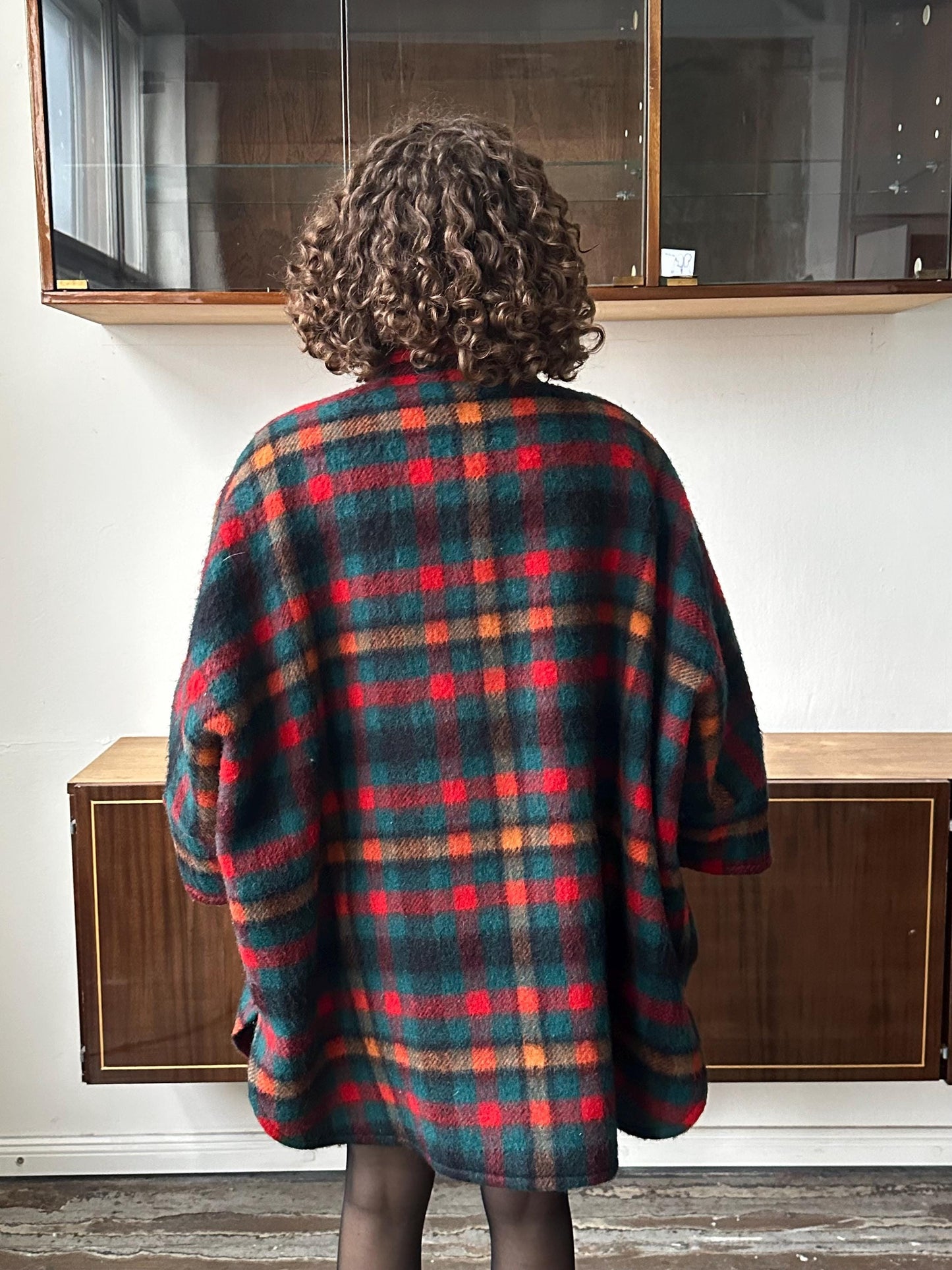 Vintage checked wool coat in red, short wool cape