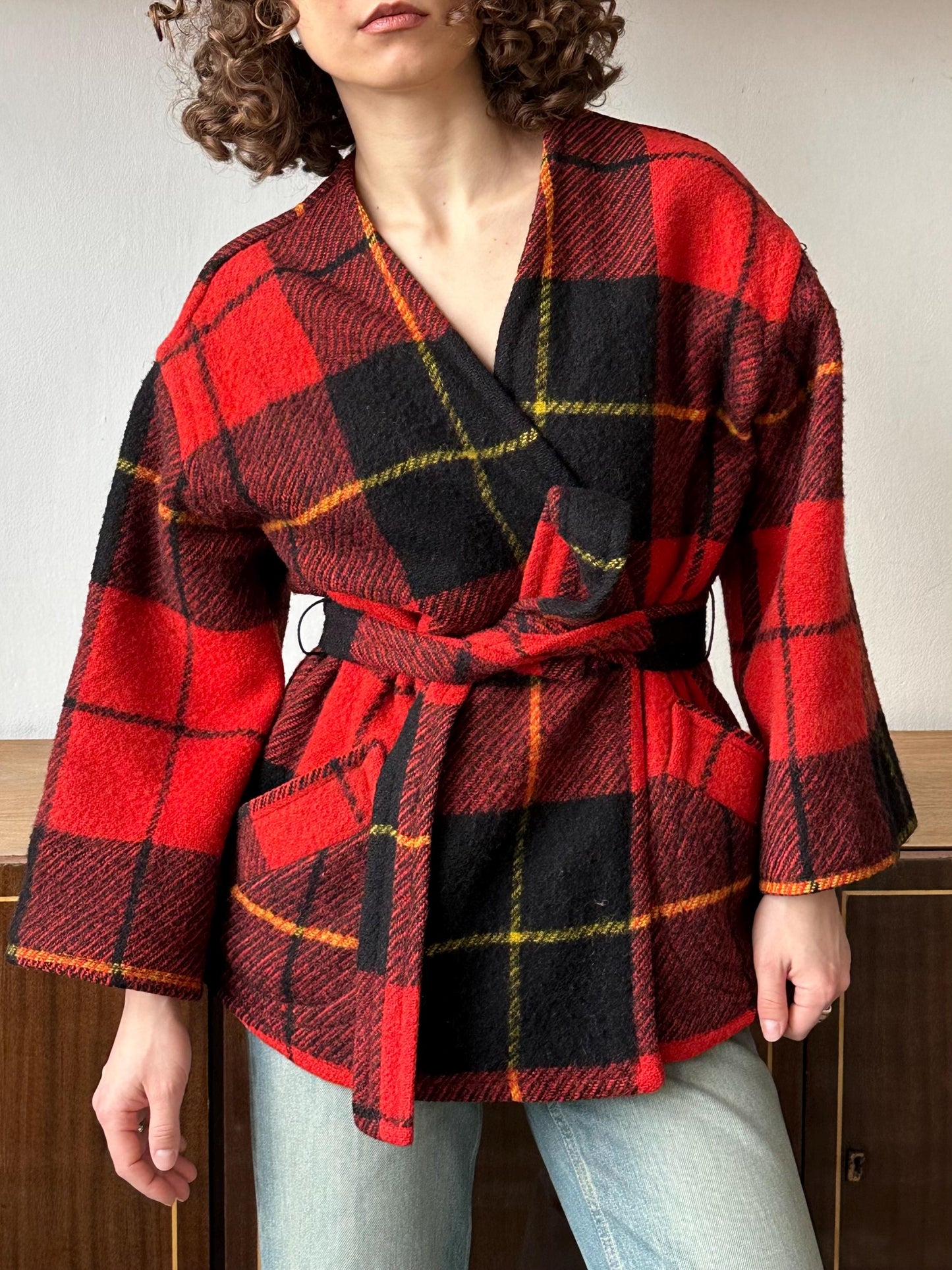 Vintage checked wool coat in red, short wool overcoat