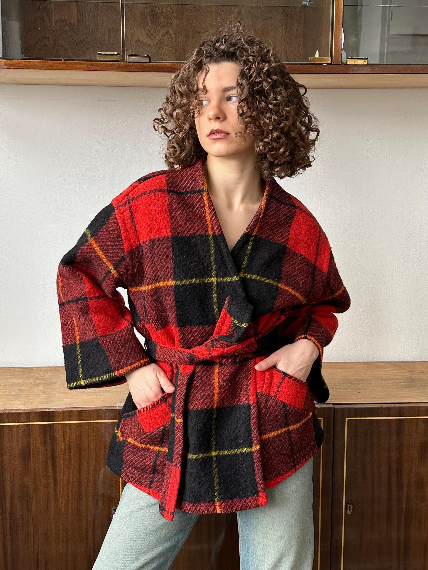 Vintage checked wool coat in red, short wool overcoat