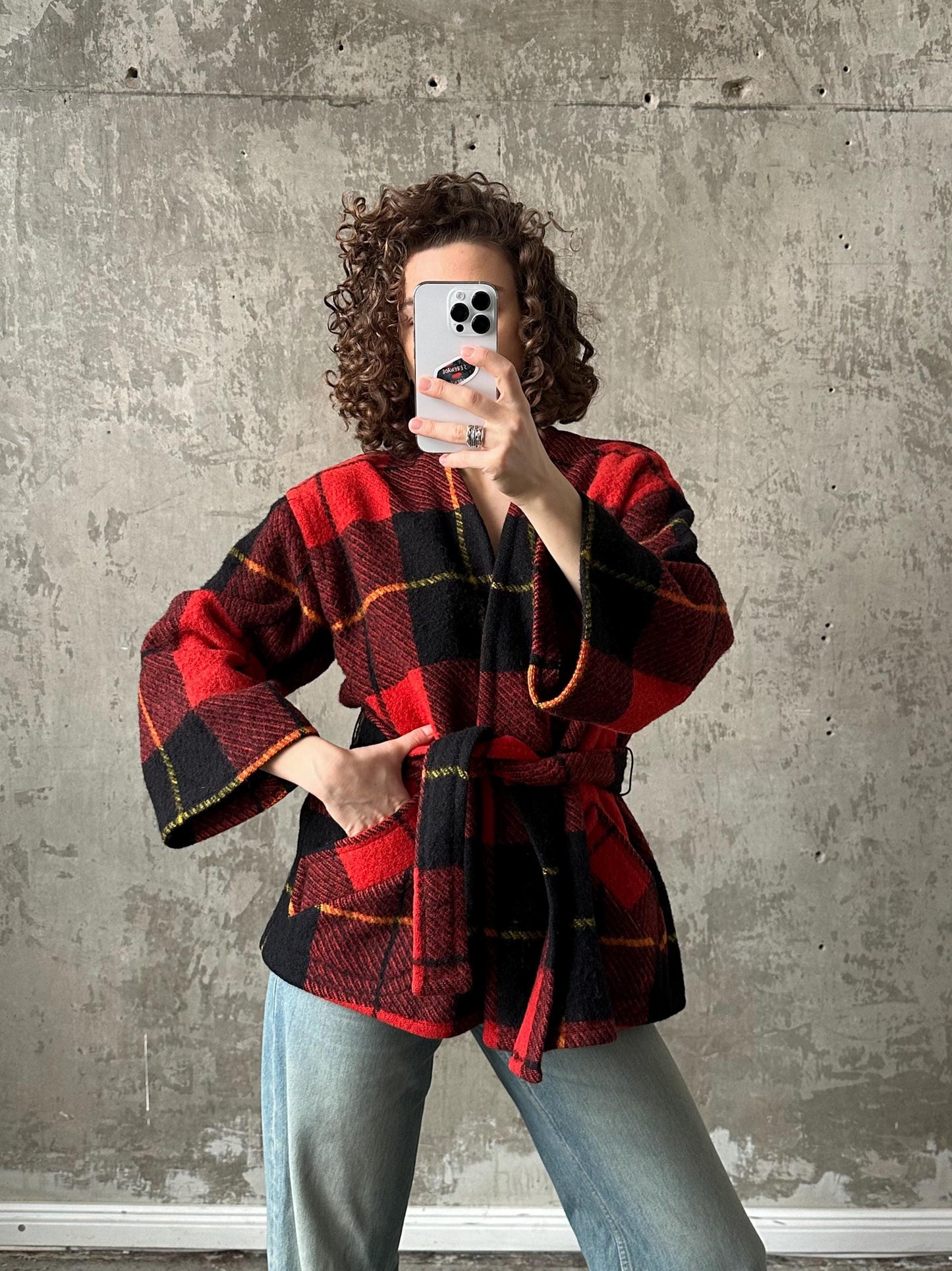 Vintage checked wool coat in red, short wool overcoat