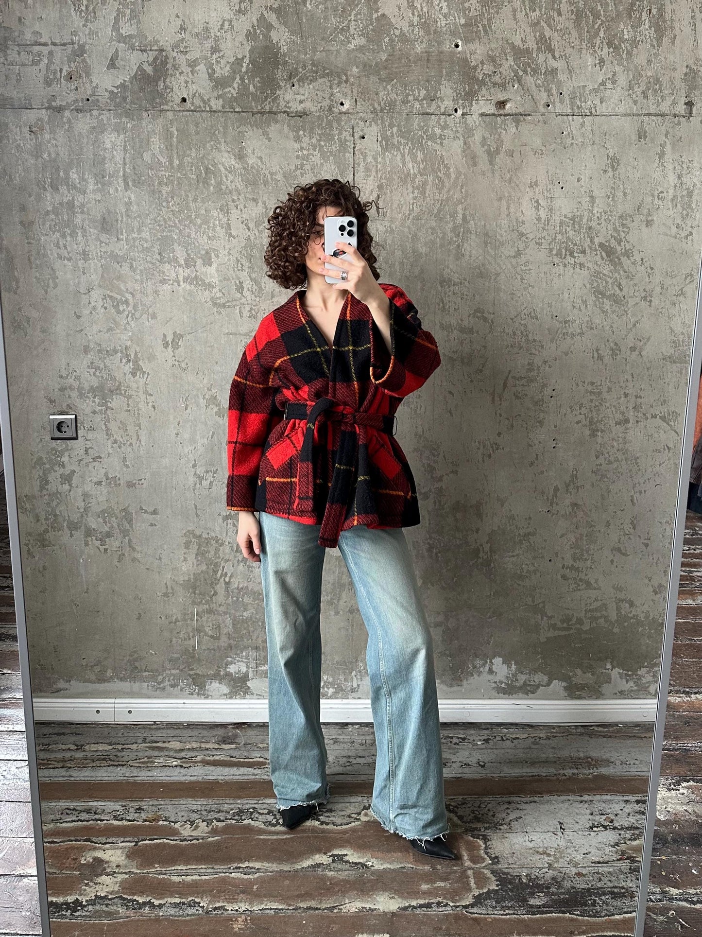 Vintage checked wool coat in red, short wool overcoat