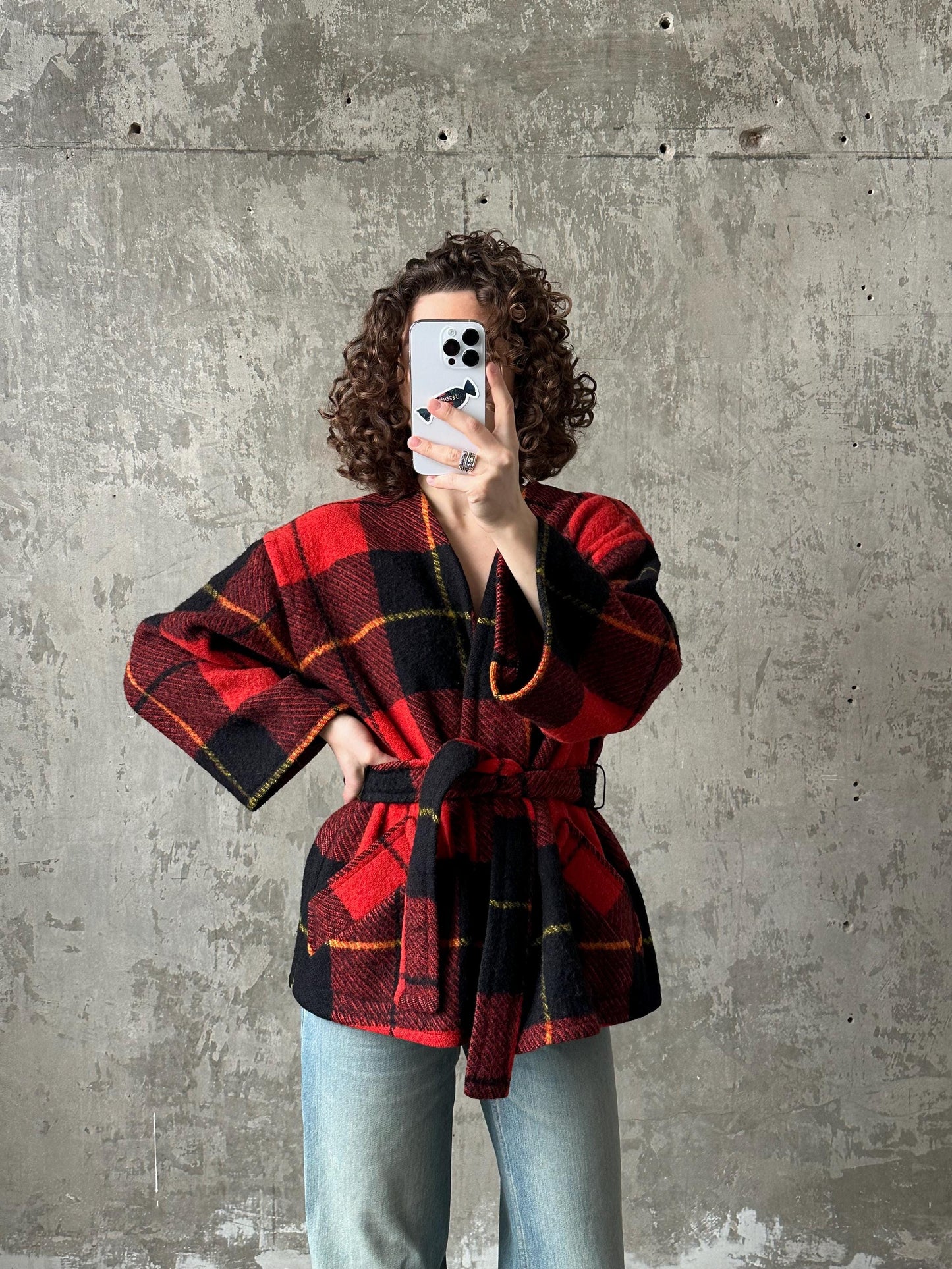 Vintage checked wool coat in red, short wool overcoat