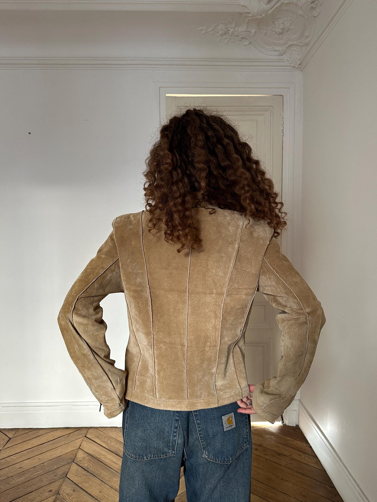 Vintage 90s Beige Suede Leather Motorcycle Jacket