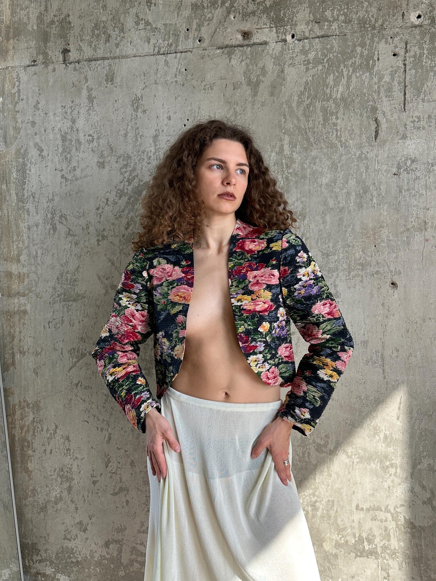 Vintage Max Mara Floral Pleated Bolero Jacket in Green and Pink