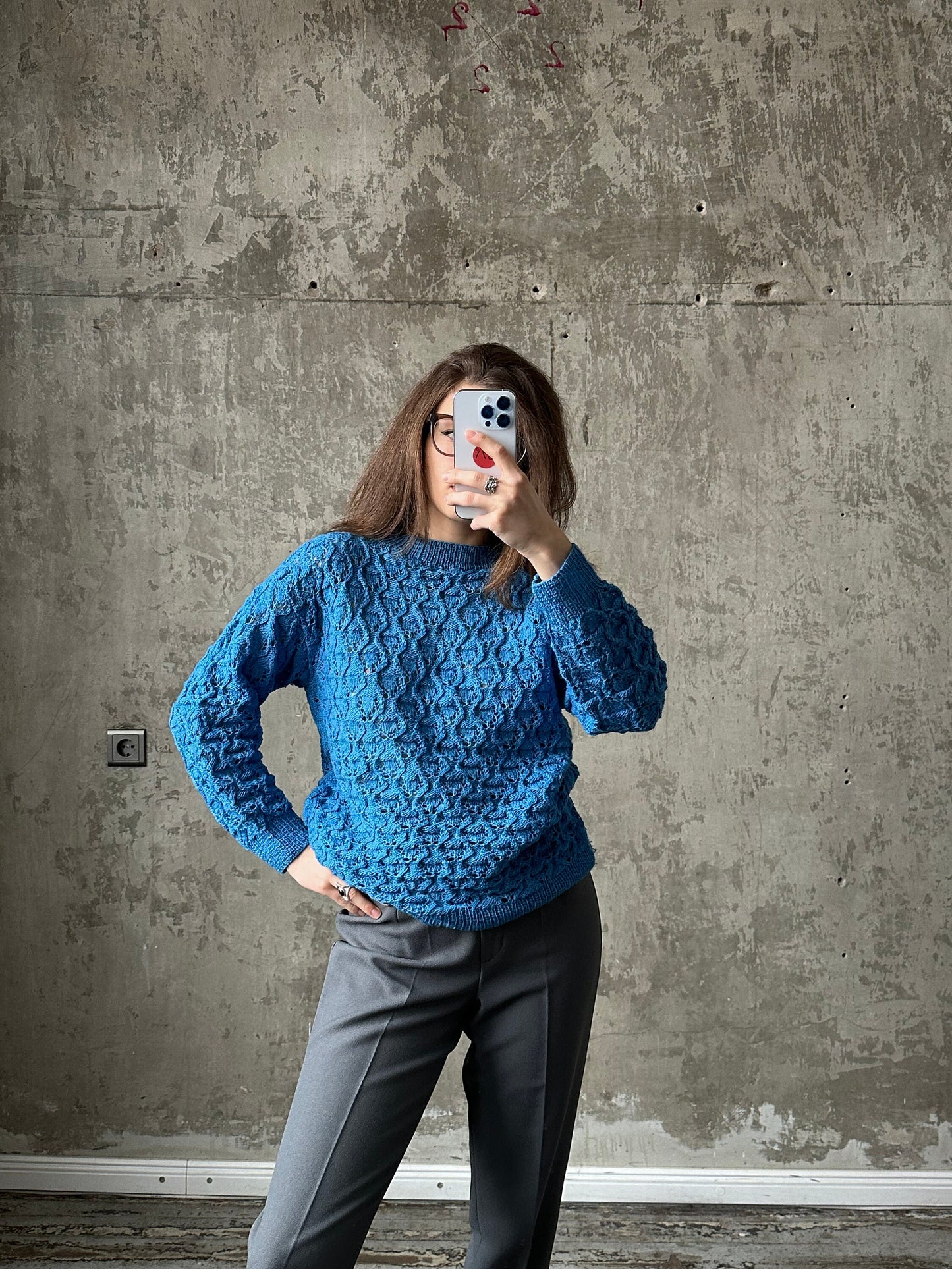 Vintage Summer Crochet Jumper - Bright Blue Knitted Sweater, 100% Organic Cotton, Gender Neutral, Fits XS-M, Perfect for Festivals &Holidays