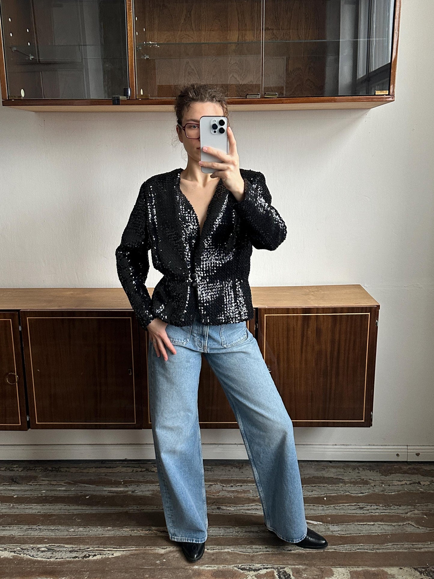 Vintage 90s Sparkle Sequin Party Evening Blazer In Black