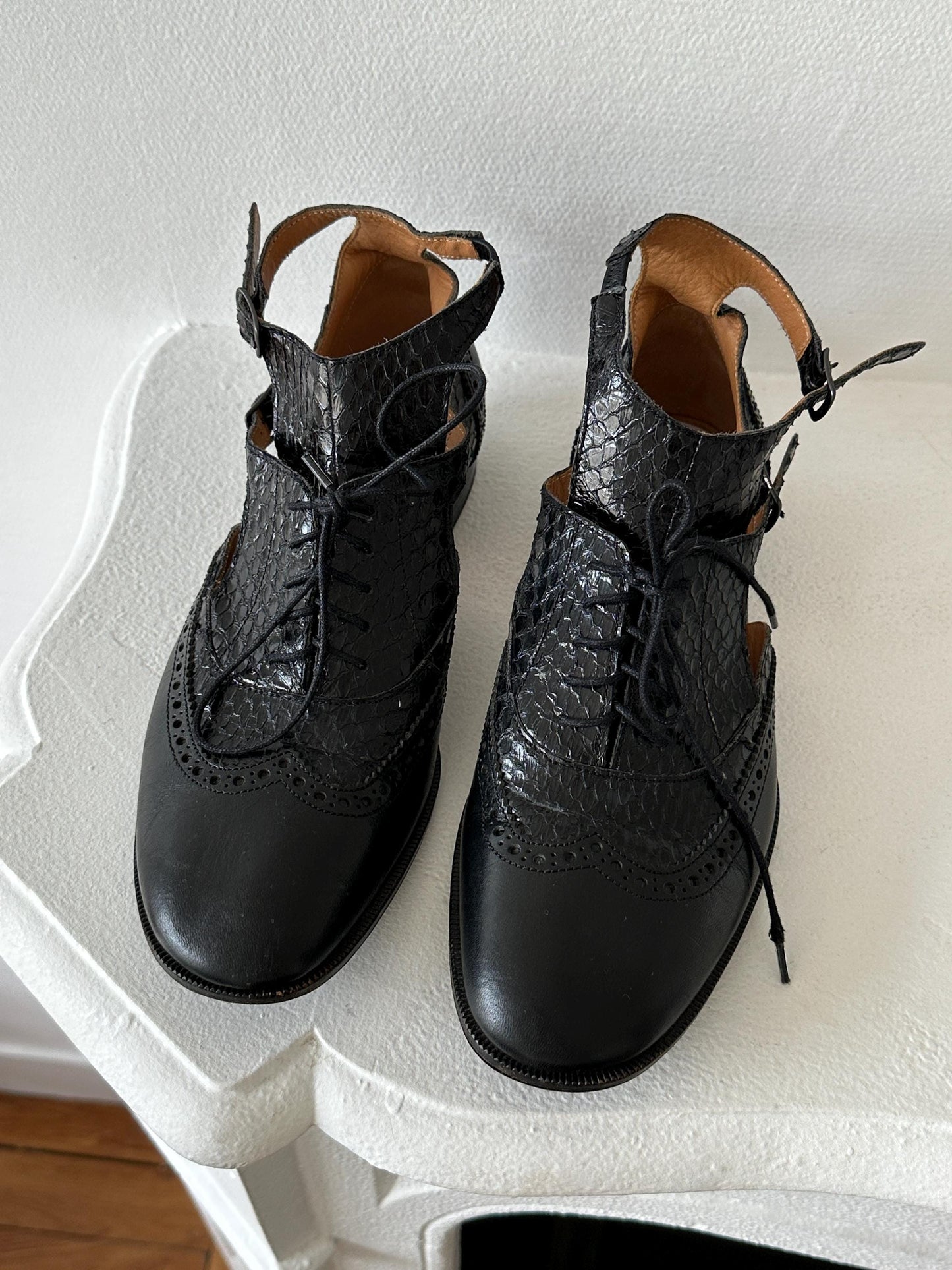 Maison Margiela Line 22 Black Leather Cut-Out Brogue Oxford Sandal in Black I US 6.5
