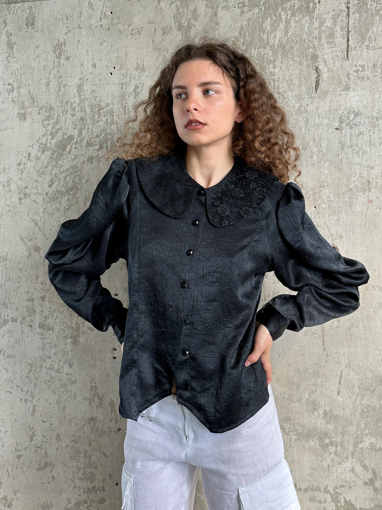 Vintage Black Puff Sleeve Romantic Draped Blouse