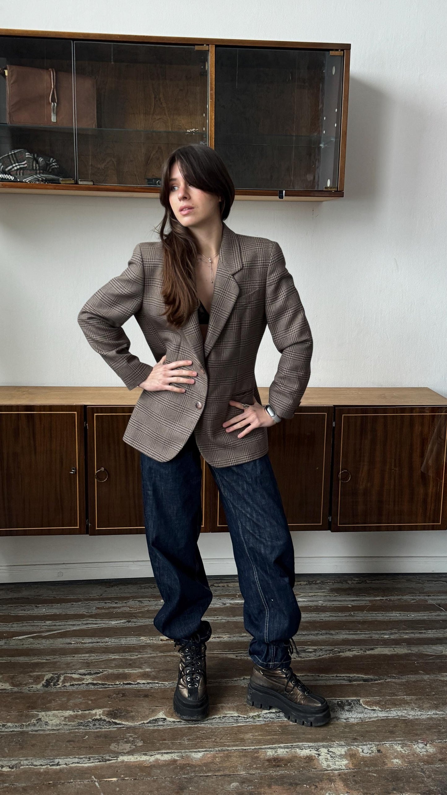 Vintage 90s Brown Checked Wool Blazer