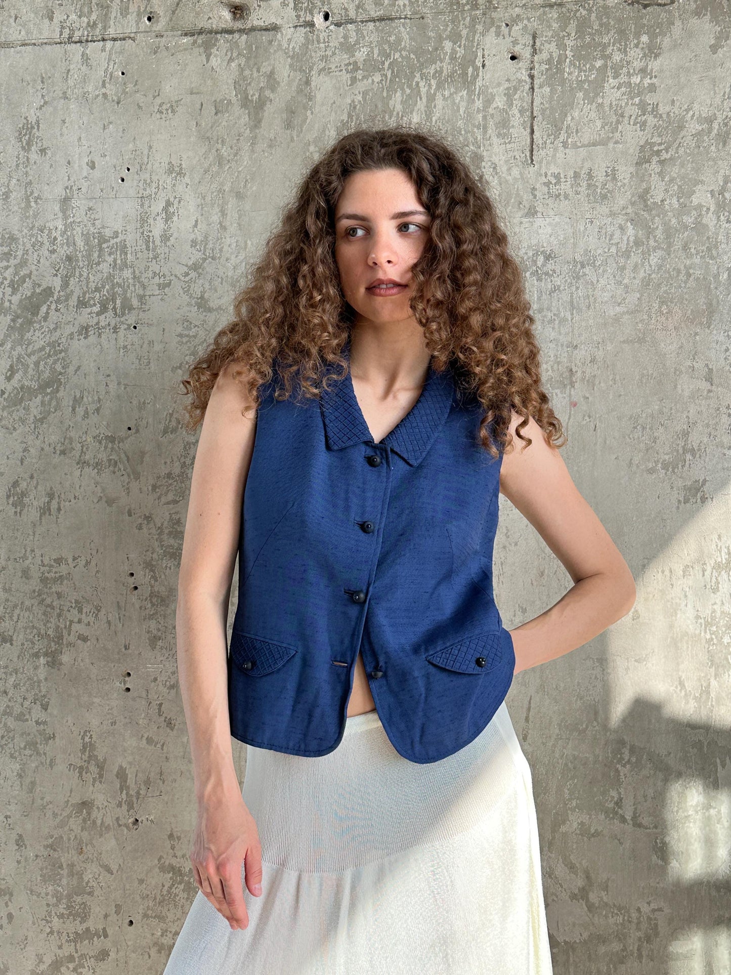 Vintage Italian Blue Linen Waistcoat Vest