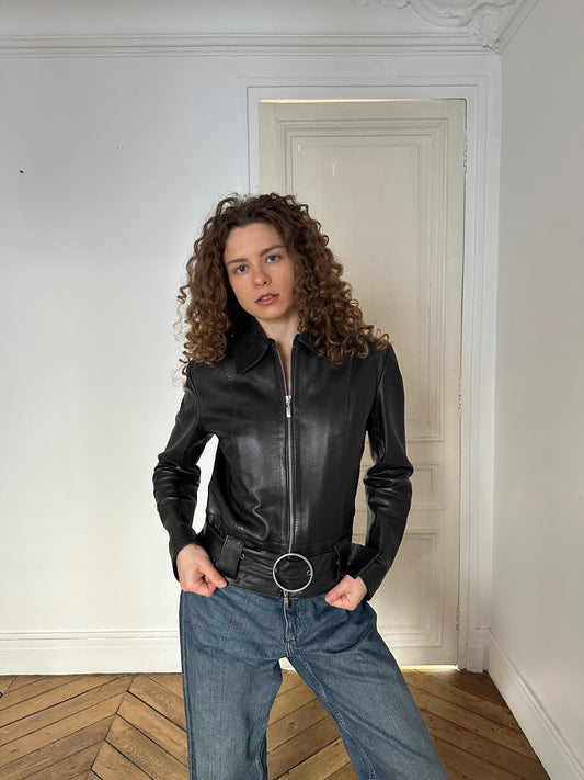 Vintage Genuine Leather Belted Jacket in Black with Ring Buckle