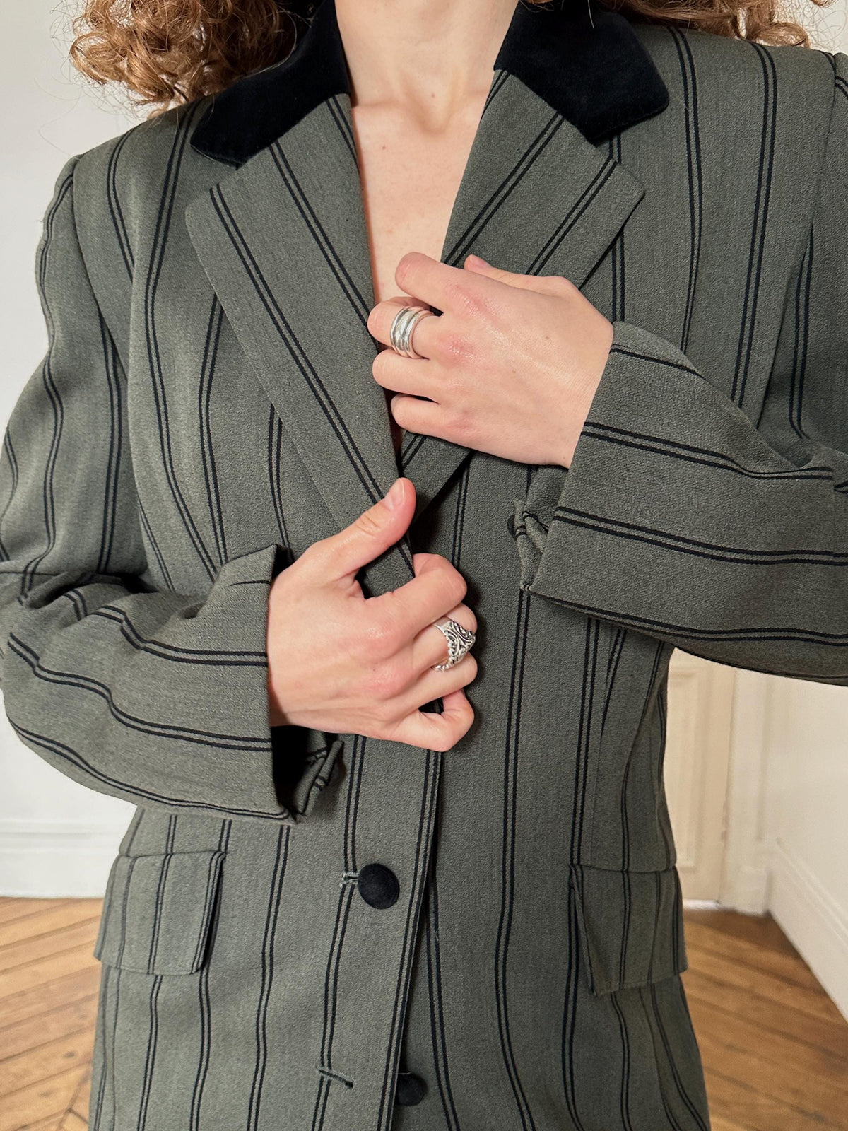 Vintage Striped Wool Blazer with Black Velvet Collar in Green