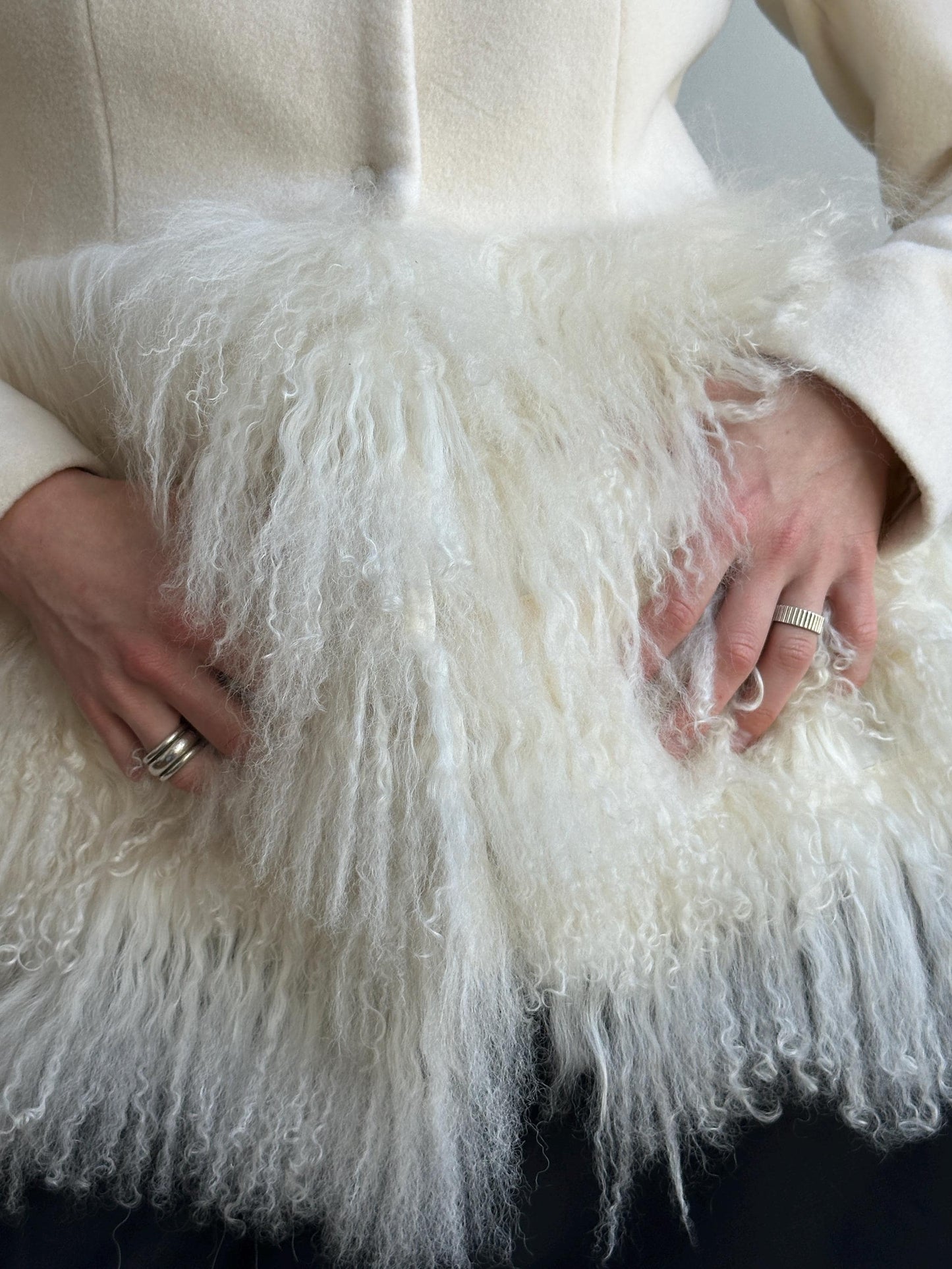Vintage Y2K Ivory Wool Short Coat with Tibetan Lamb Fur Hem