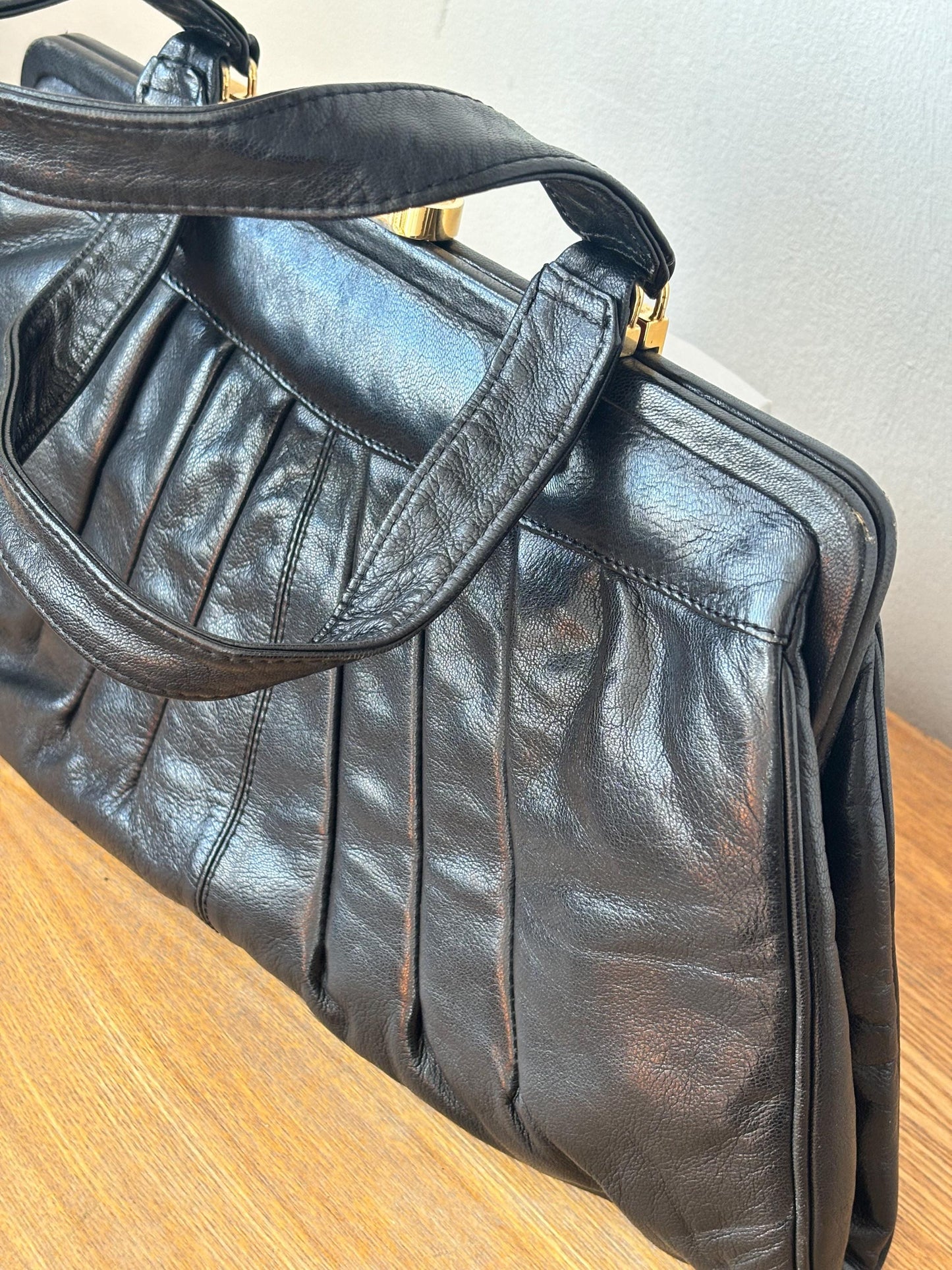 Vintage 90s Structured Top Handle Faux Leather Bag In Black