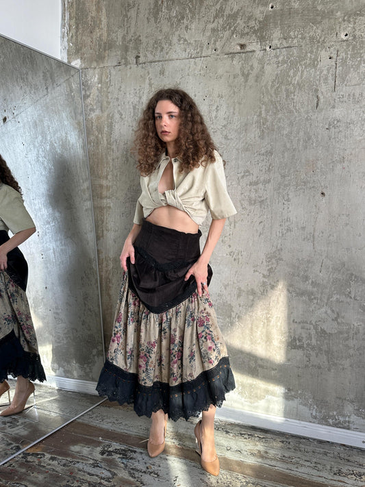 Vintage Maxi Velvet Corduroy & Floral Cotton Skirt in Brown