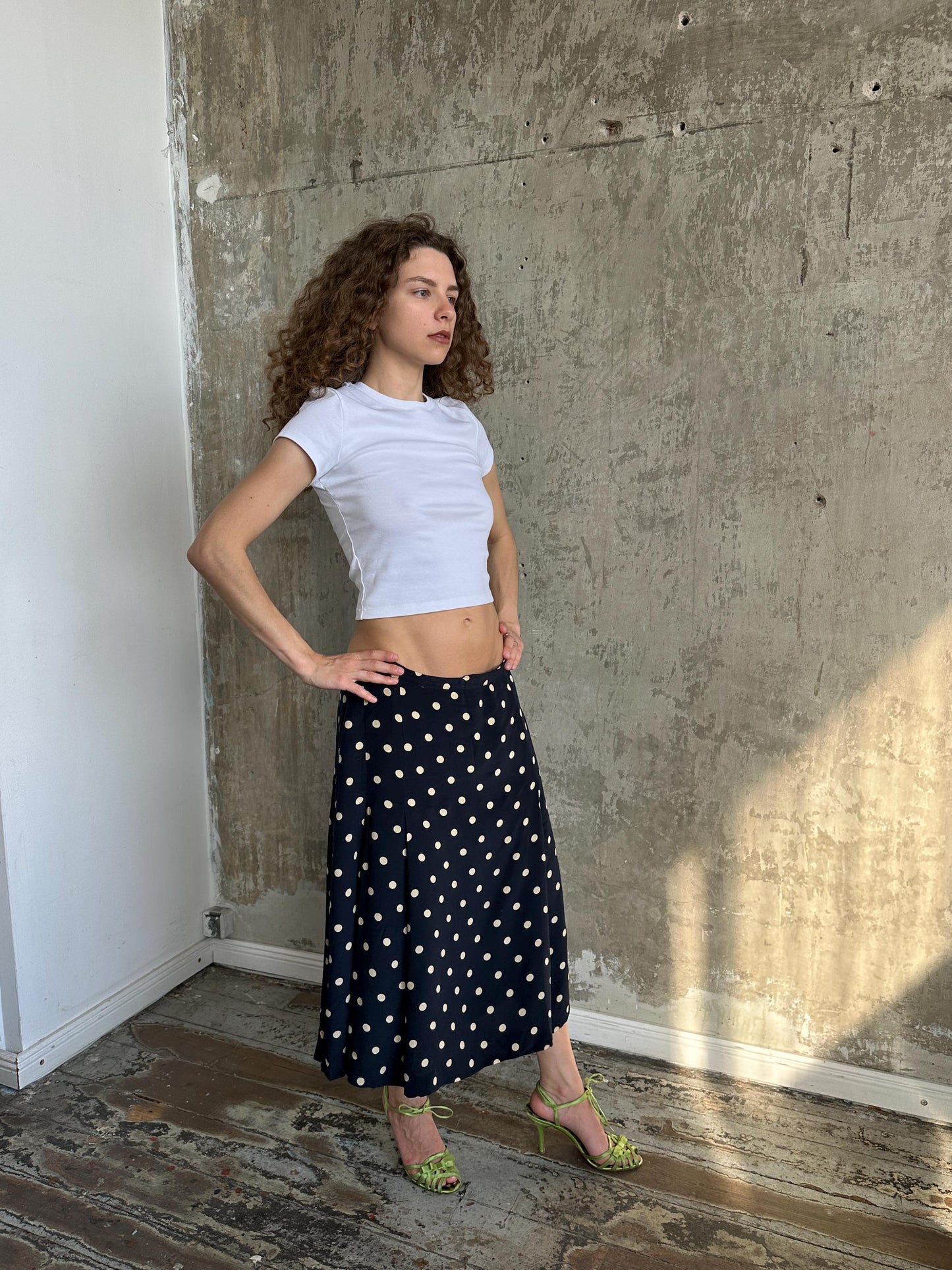 Vintage 90s Italian Silk Polka Dot Maxi Skirt in Black and White