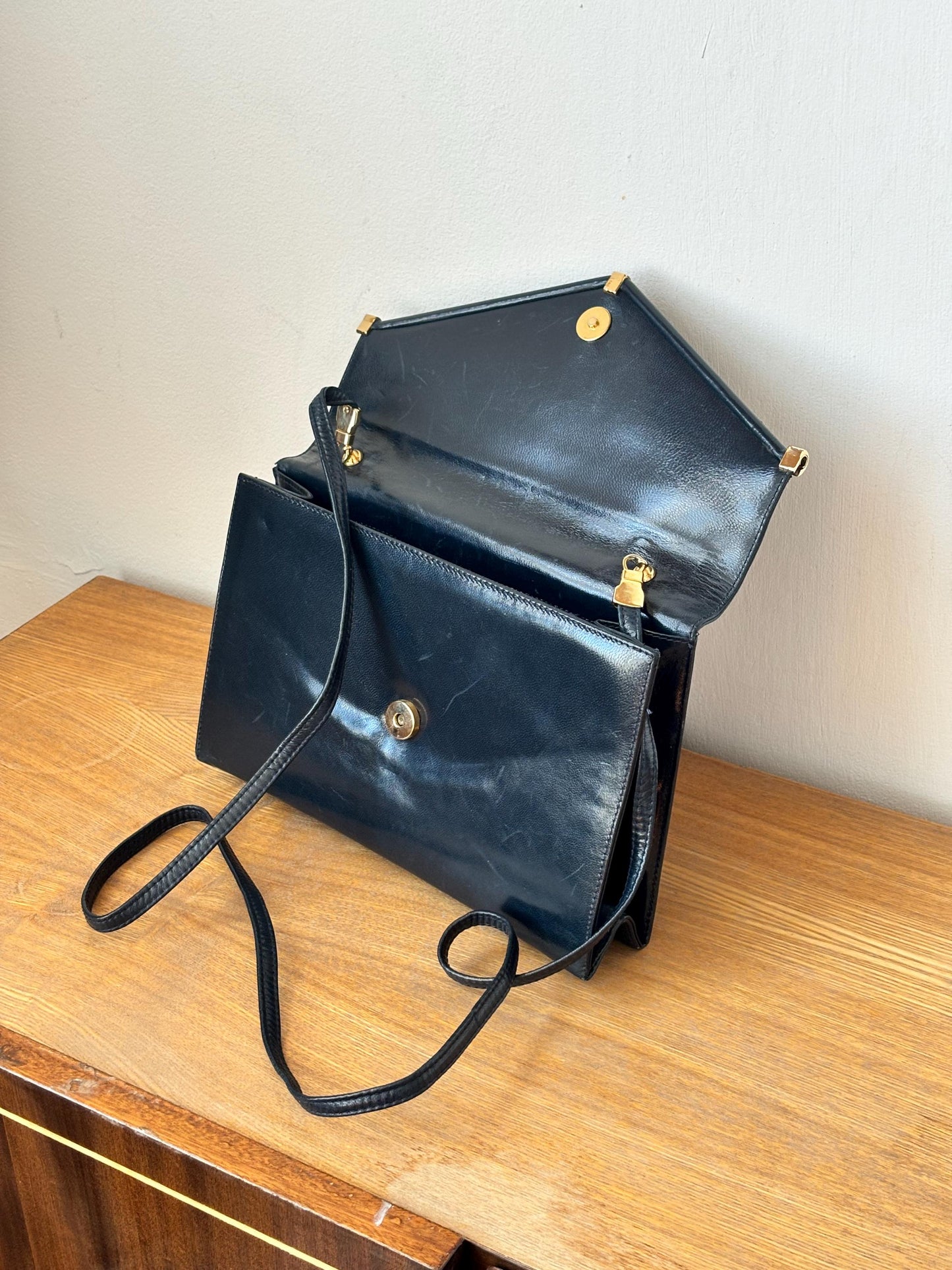 Vintage 90s Structured Envelope Faux Leather Bag In Blue