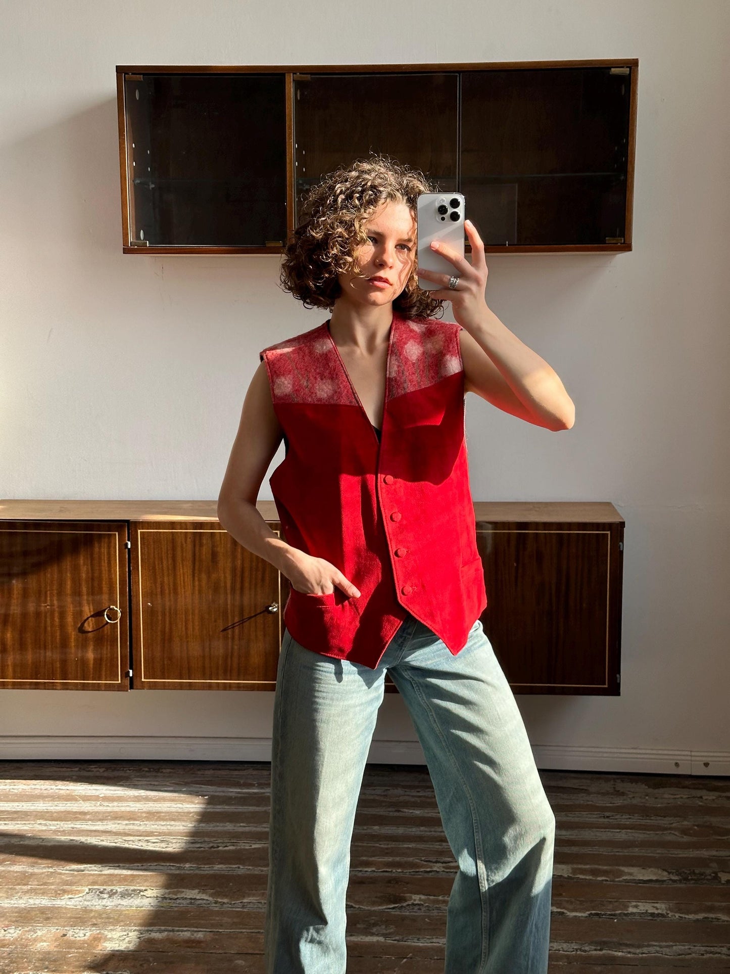 Vintage insulated leather vest in red, leather waistcoat