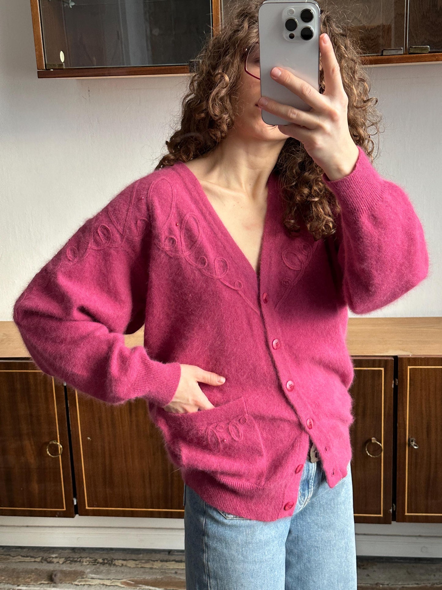 Vintage Angora Wool Embroidered Cardigan In Pink